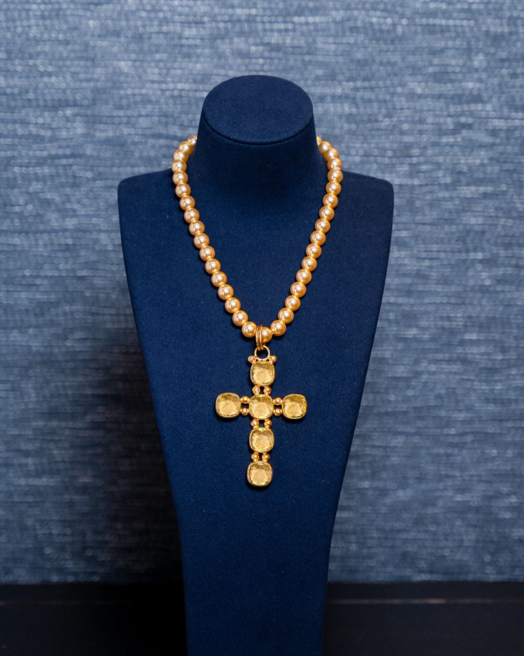 Golden Peridot Pearl Cross Necklace