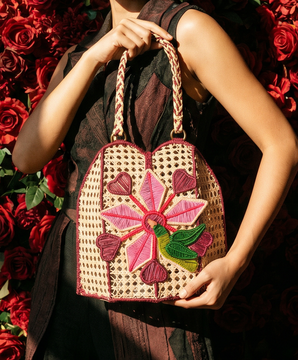 Handwoven bag with floral embroidery