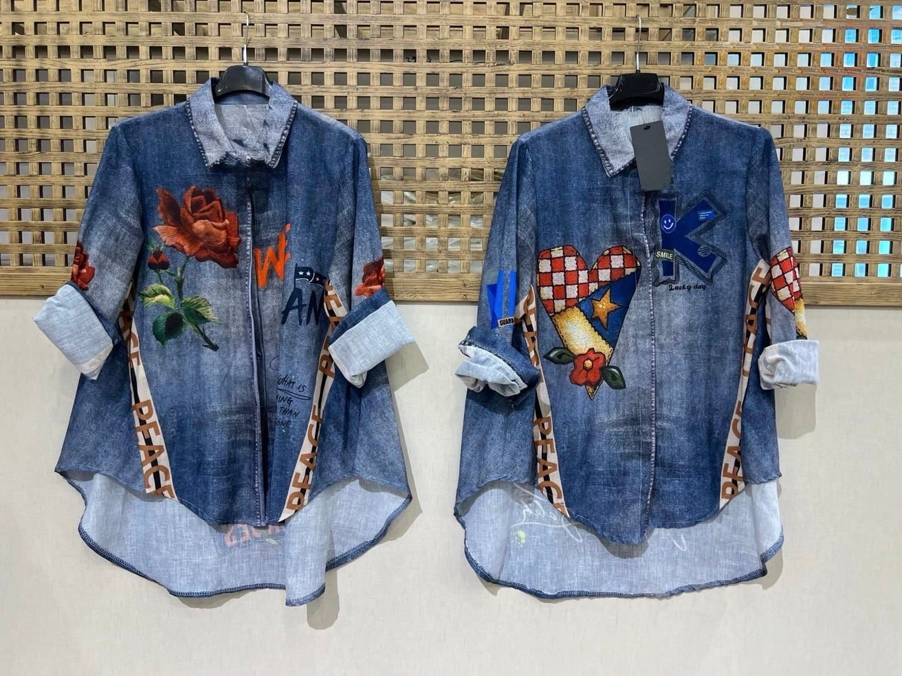 Denim Print Button-Up Shirt with Embroidered Accents
