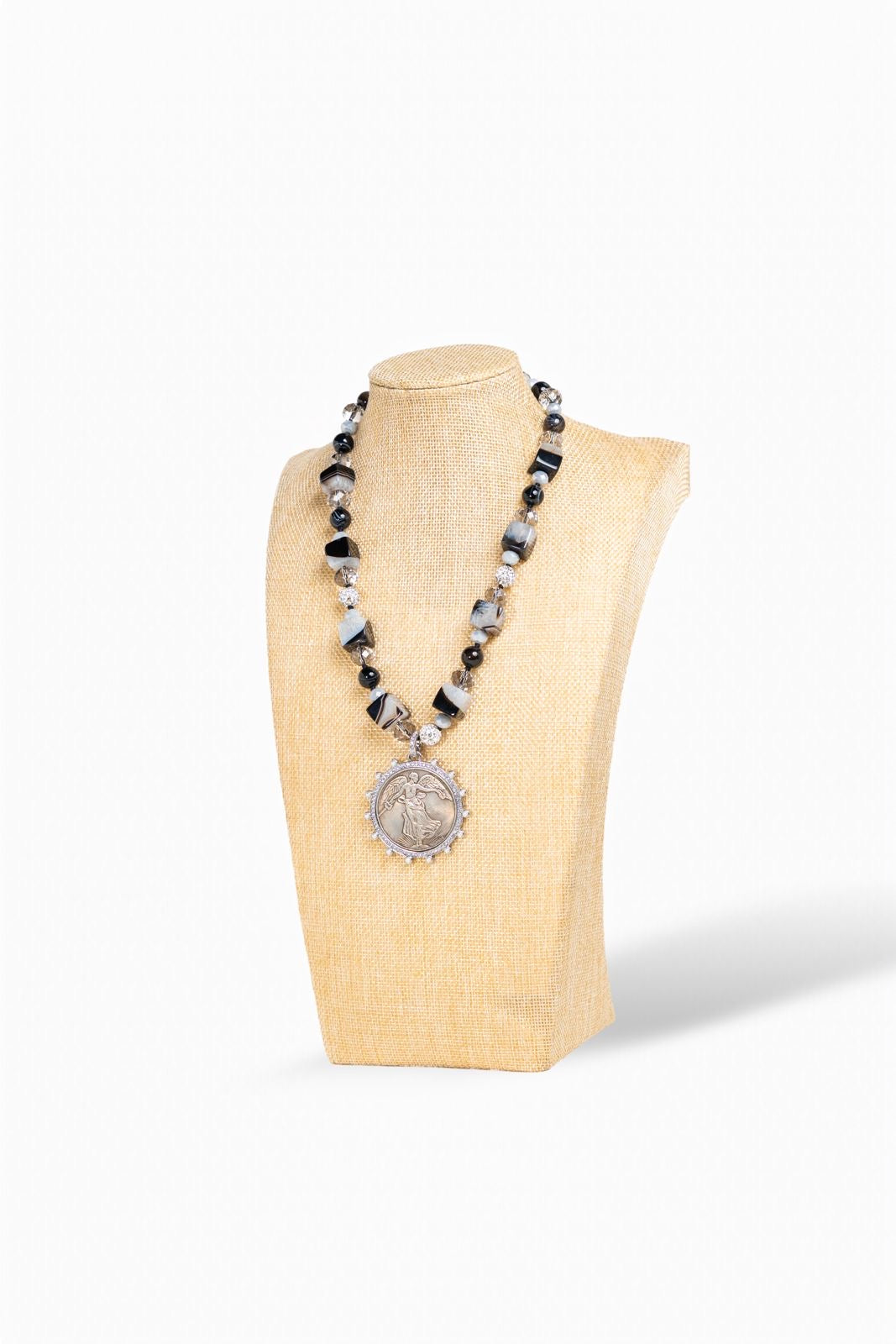 Black Agate & Silver Coin Necklace