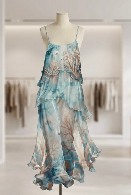 Aqua Coral Sheer Layered Midi Dress