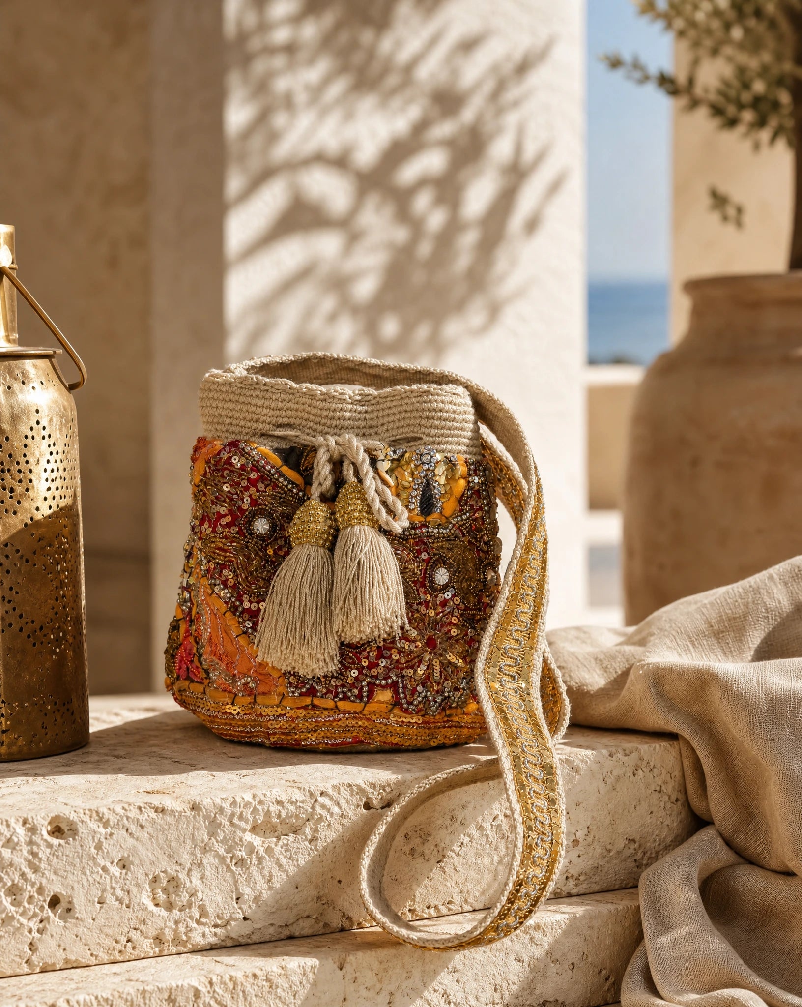 Embroided Bucket Bag- Beige Background
