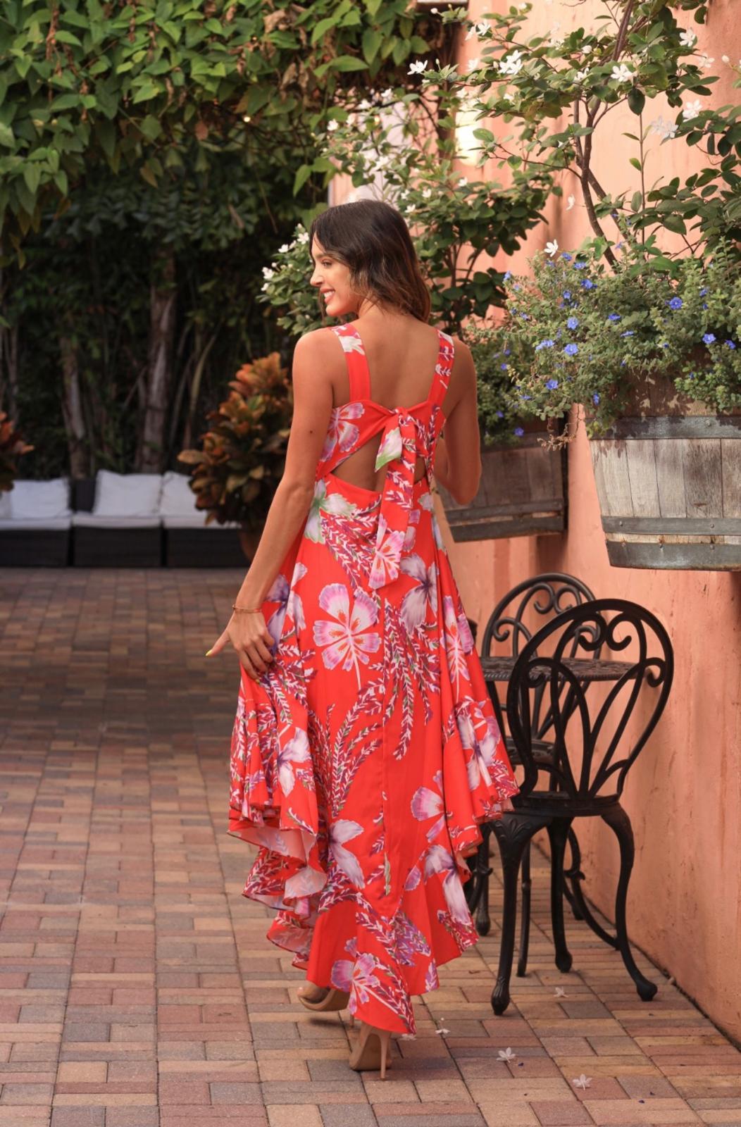 Red Floral Ruffle Maxi Dress
