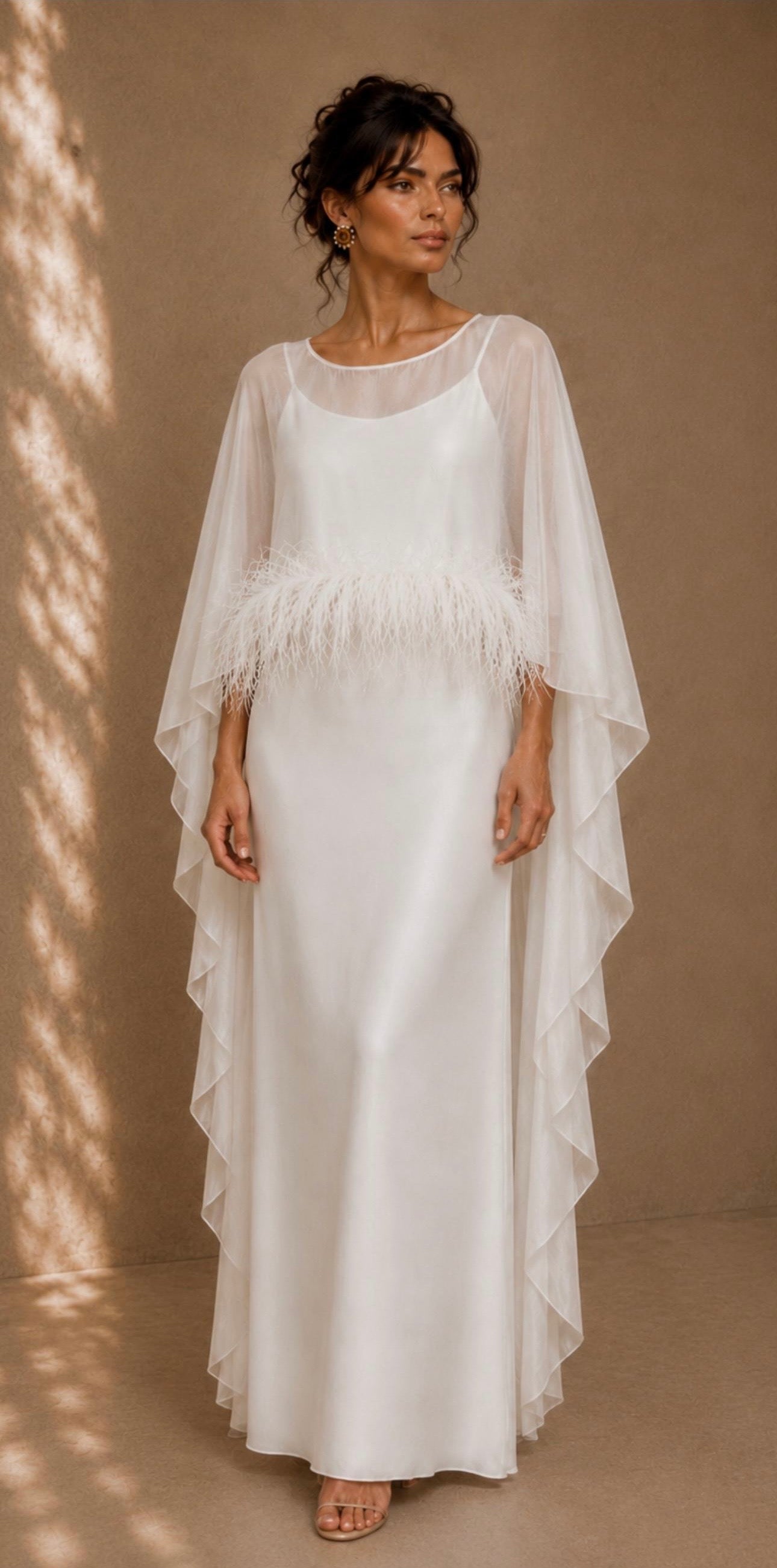 Celeste Silk Feather Cape Gown