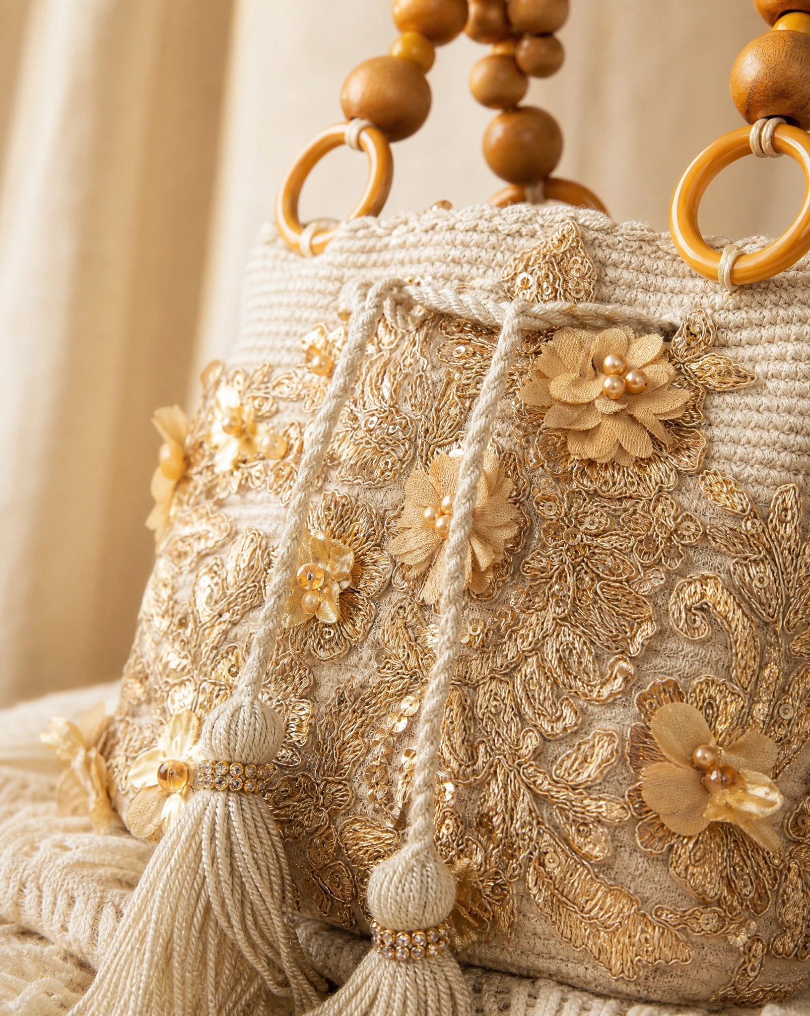 Golden Bloom Beaded Bucket Bag