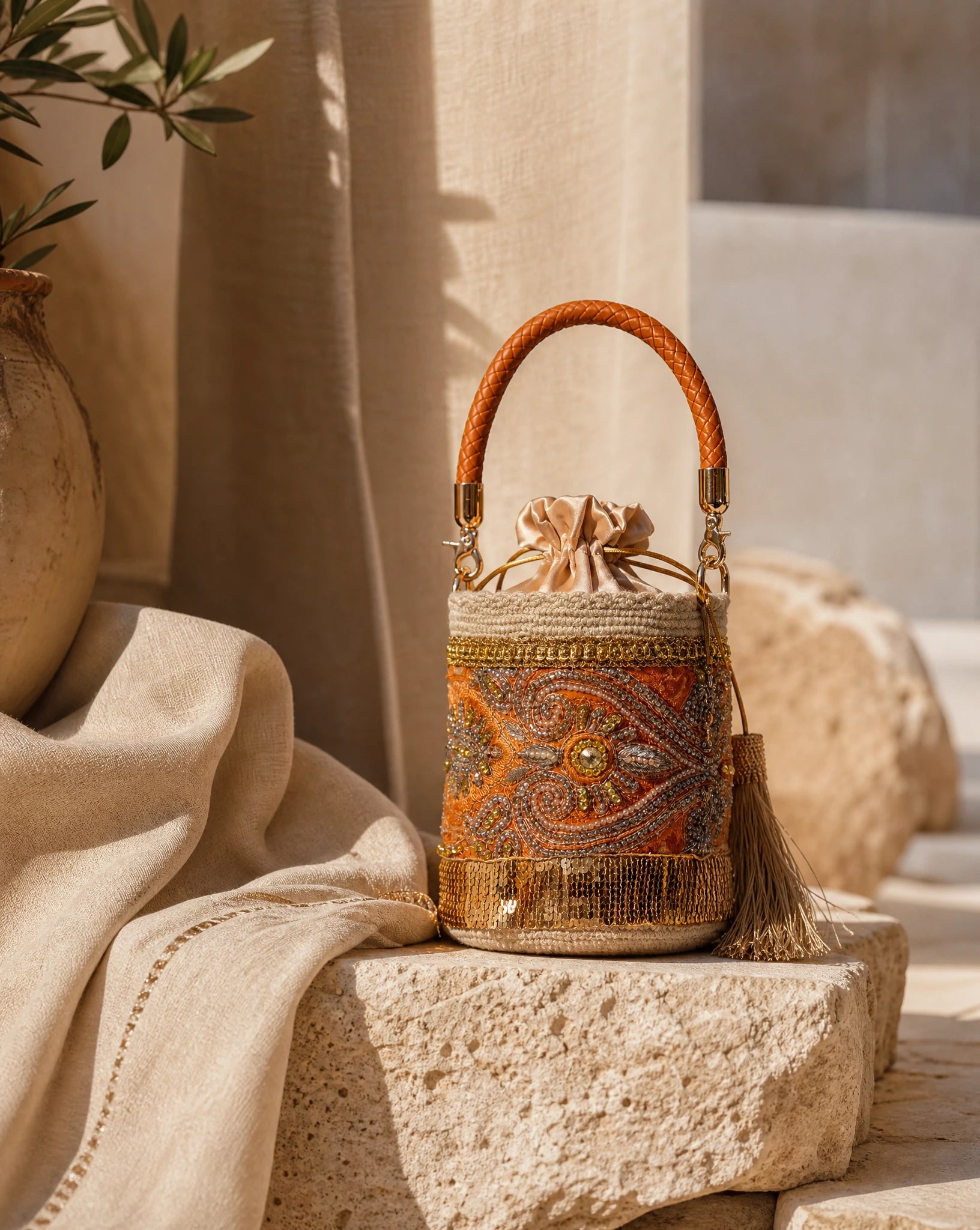 Amber Embroidered Mini Bag with Leather Handle