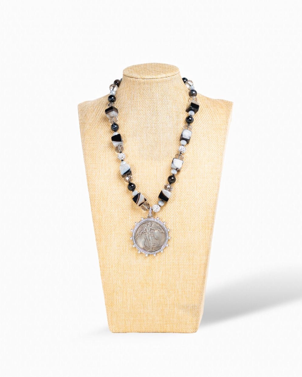 Black Agate & Silver Coin Necklace
