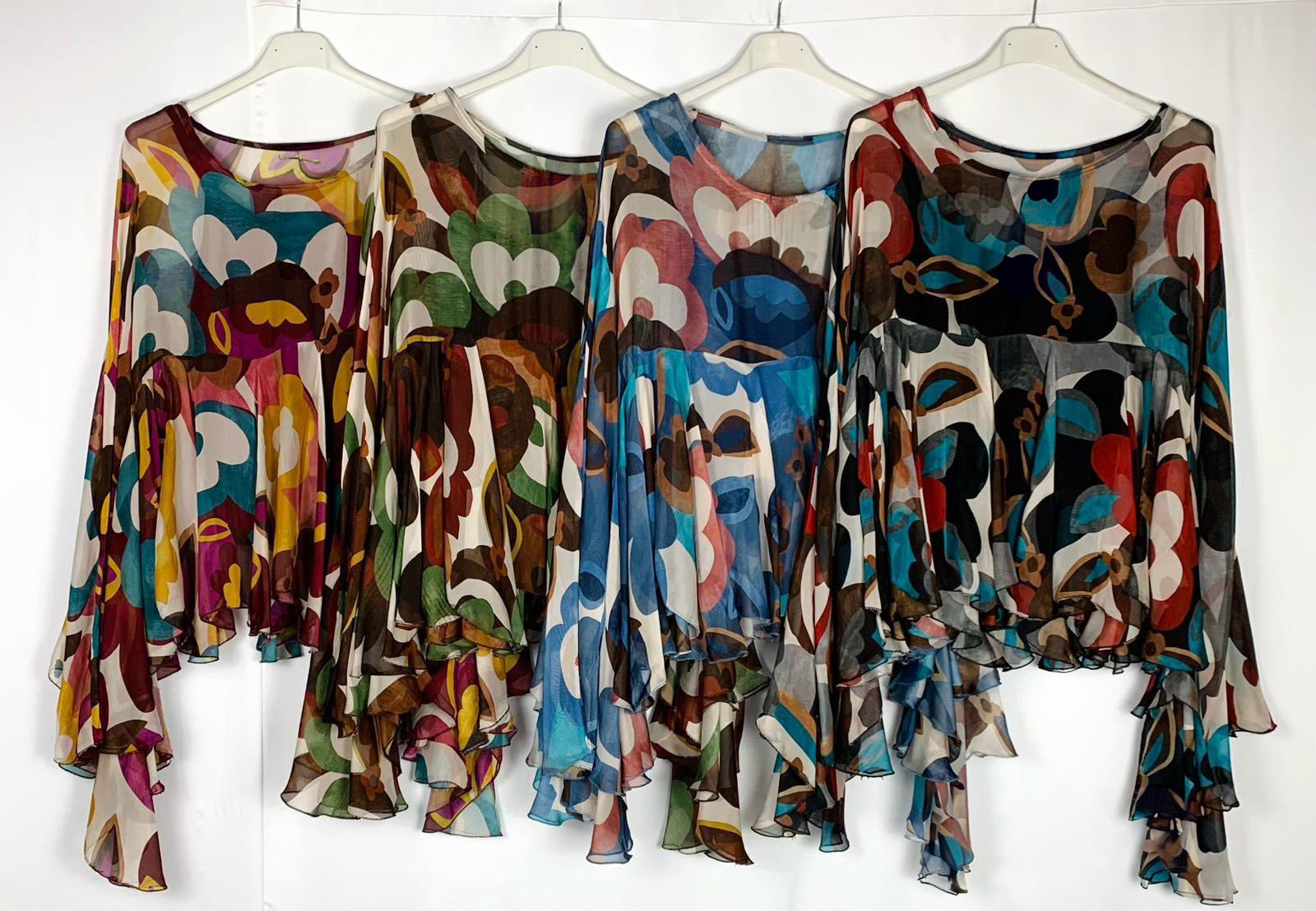 Sheer Abstract Ruffle-Sleeve Blouse