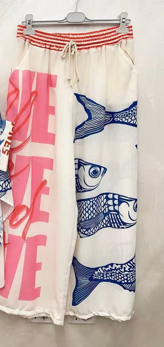 Coastal Catch  Pants – Navy Fish Print