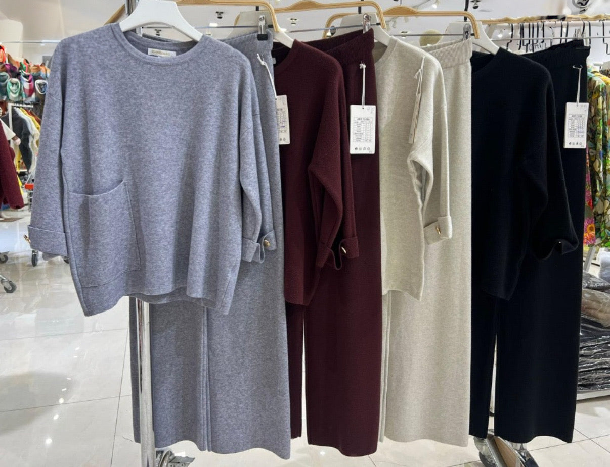 Cozy Knit Pocket Top & Wide-Leg Pant Set