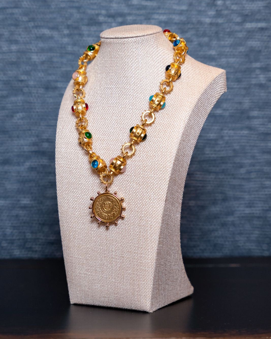 Multicolor Gem & Coin Medallion Necklace