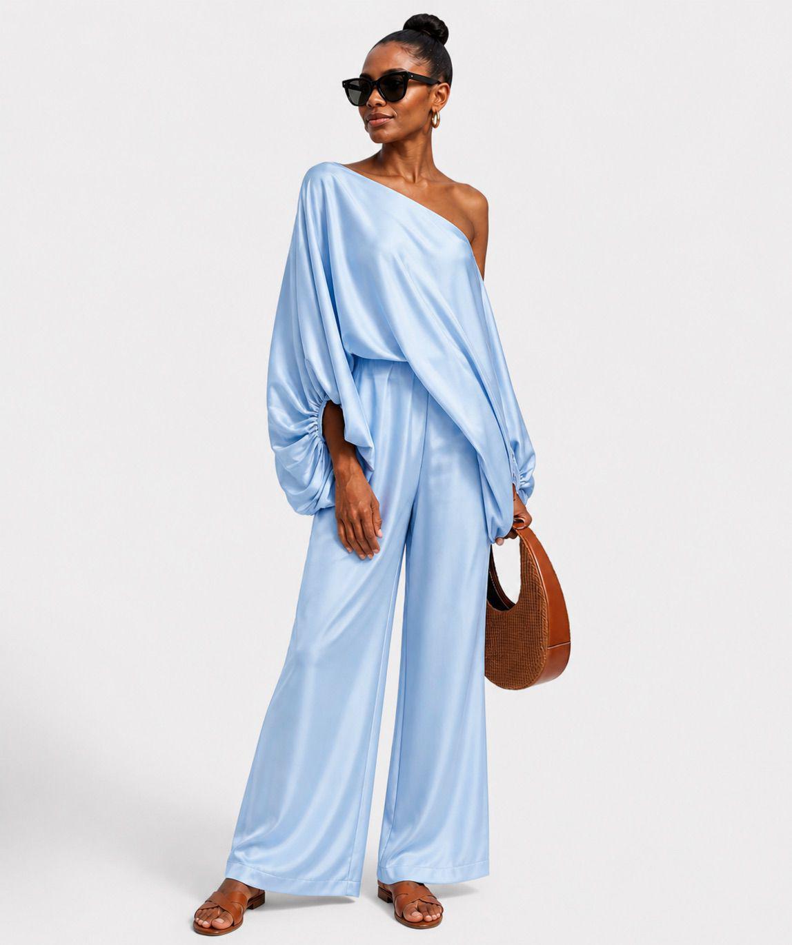 Silk One-Shoulder Top & Wide-Leg Pant Set