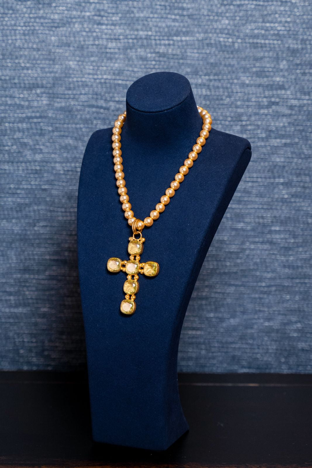 Golden Peridot Pearl Cross Necklace