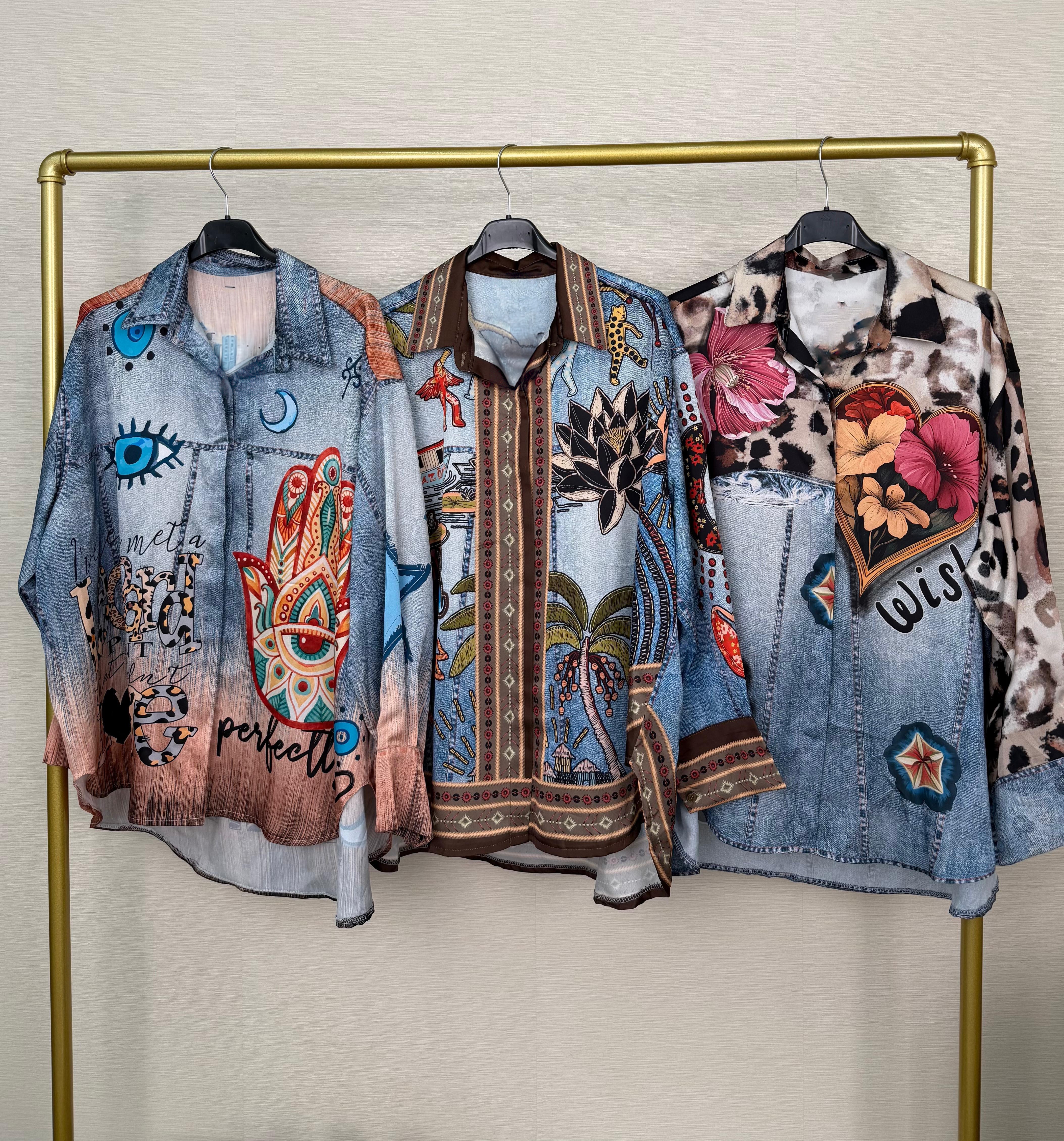 Mixed Print Button-Down Blouse