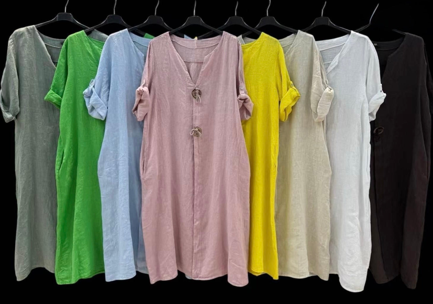 Relaxed Fit Linen Dress with Button Sleeves
