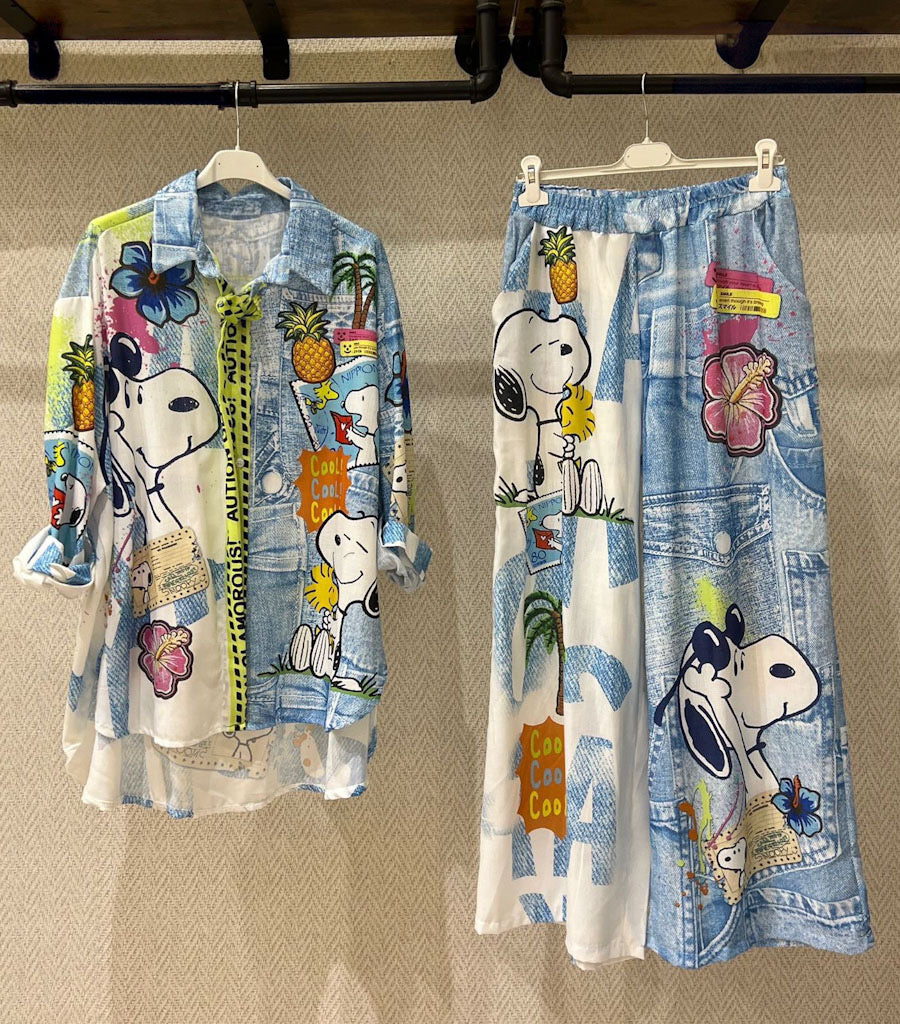 Snoopy “Cool Cool Cool” Denim-Print Shirt & Wide-Leg Pant Set