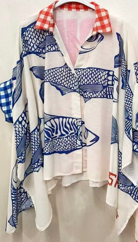 Coastal Catch Shirt – Navy Fish Print