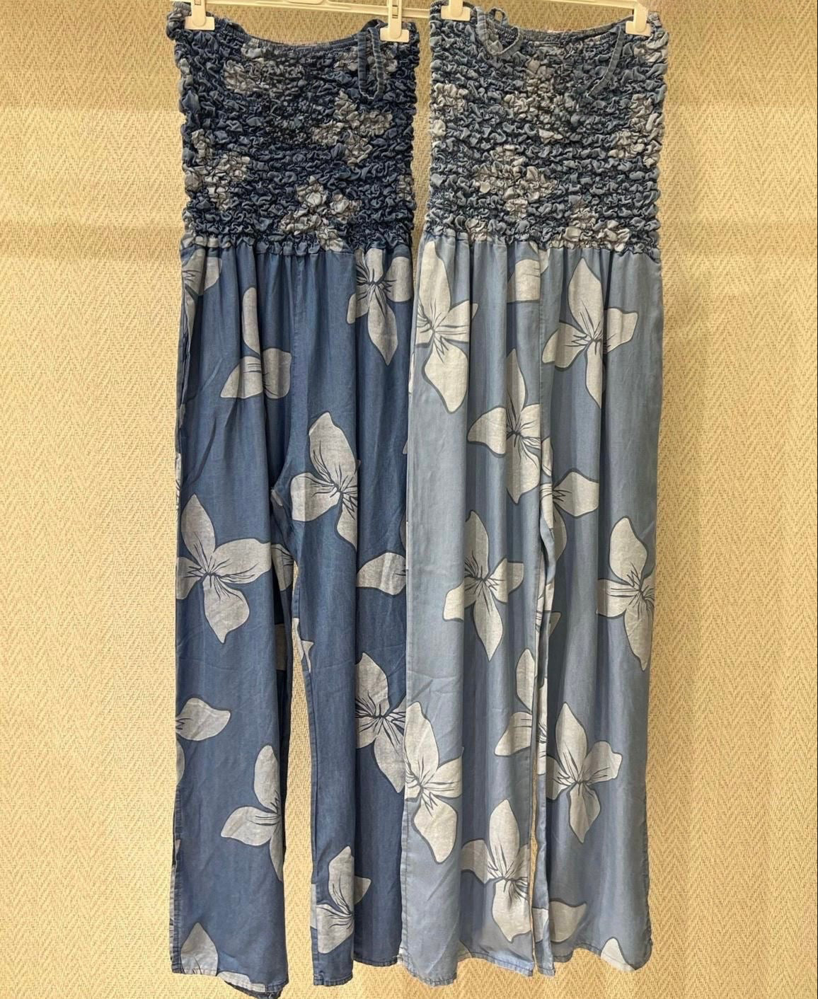 Denim Blue Floral Smocked Jumpsuit