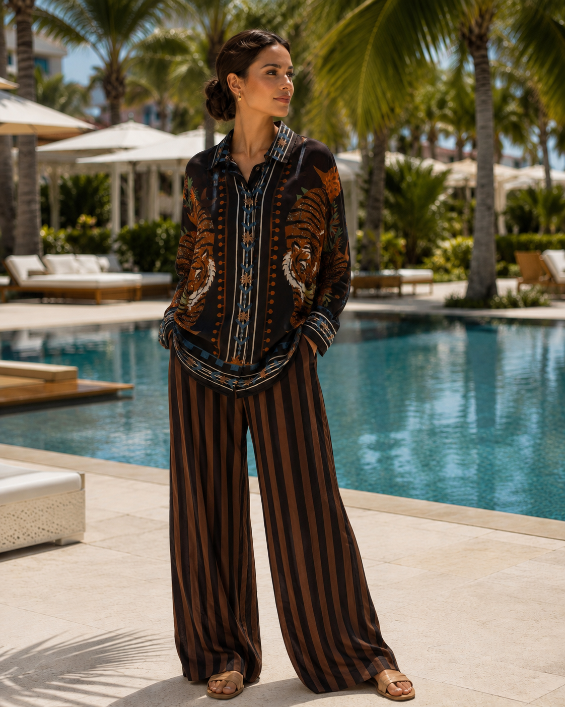 A woman stands by a resort pool wearing a dark brown and black striped long-sleeve top with tiger prints and matching wide-leg pants.