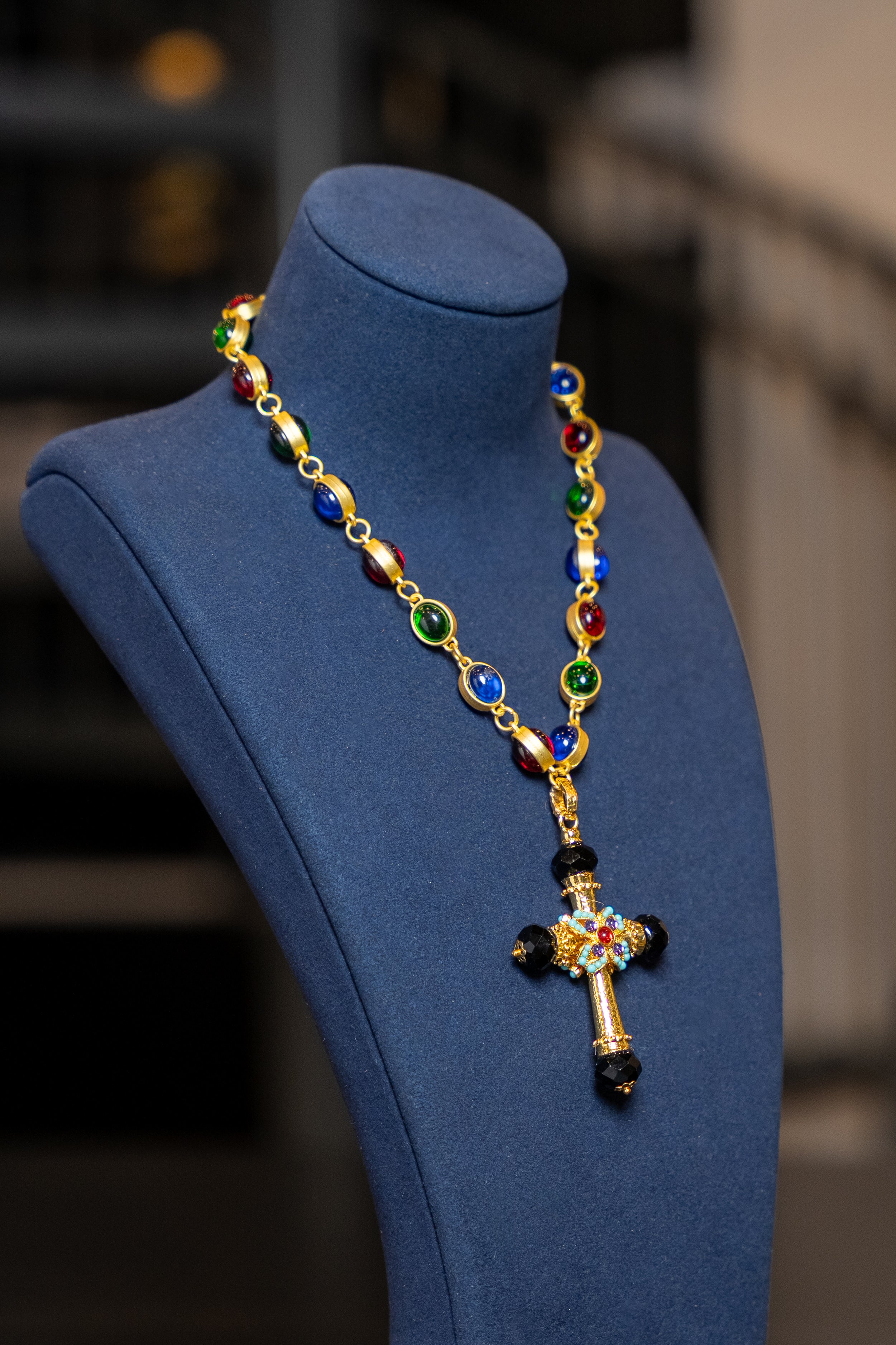Multicolor Cabochon Cross Statement Necklace