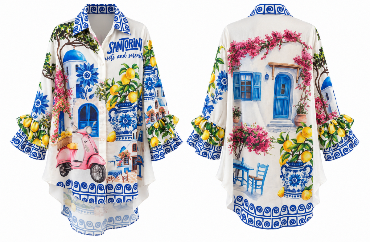 Santorini Escape Ruffle-Cuff Tunic Blouse