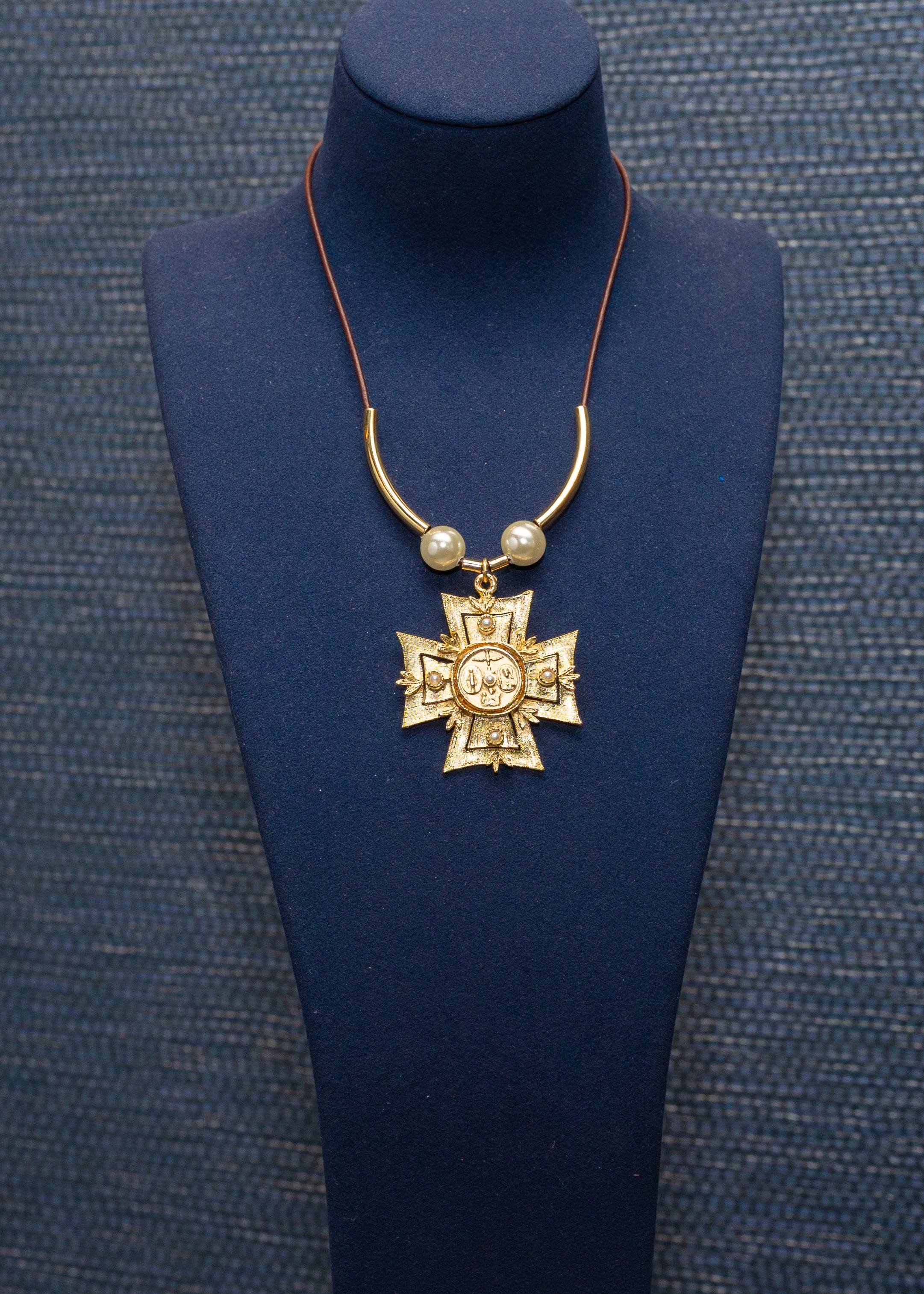 Pearl Cross Medallion Leather Cord Necklace