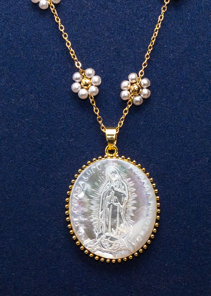 Mother of Pearl Guadalupe Medal Necklace