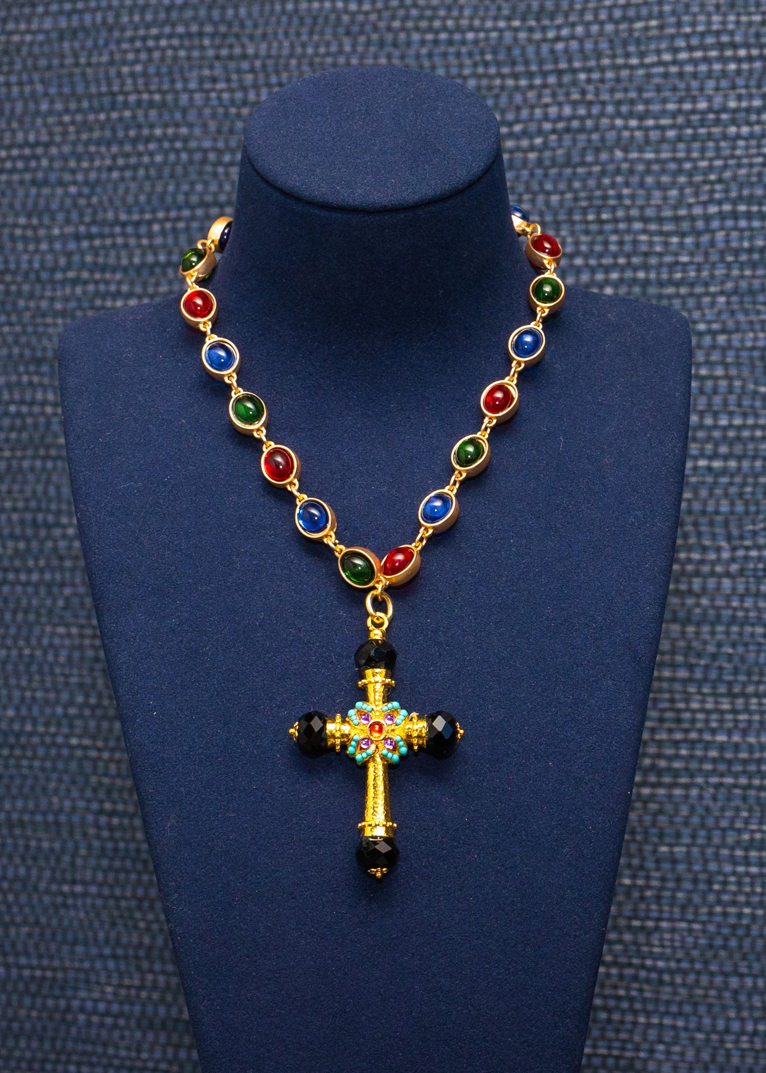 Multicolor Cabochon Cross Statement Necklace