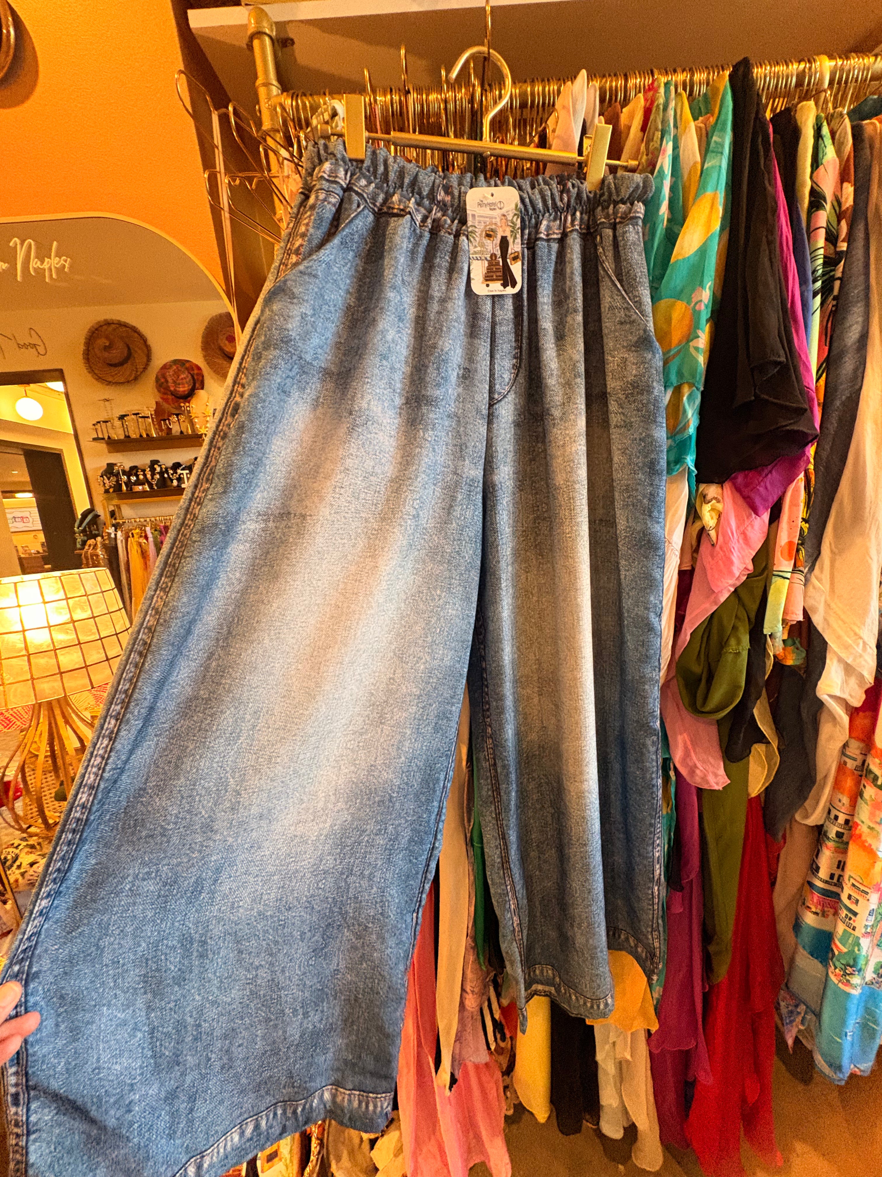 Print Denim Wide-Leg Pants