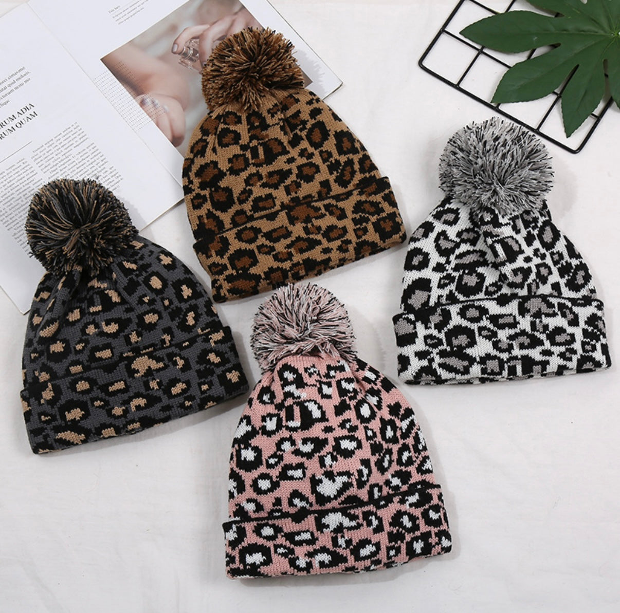 Leopard Pom Knit Beanie