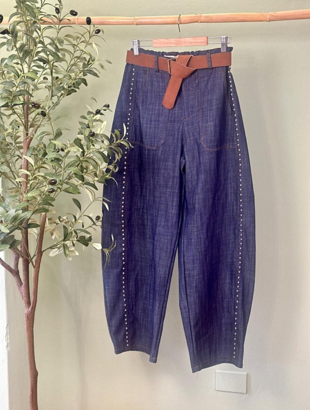 Studded Belted Denim Barrel Trouser
