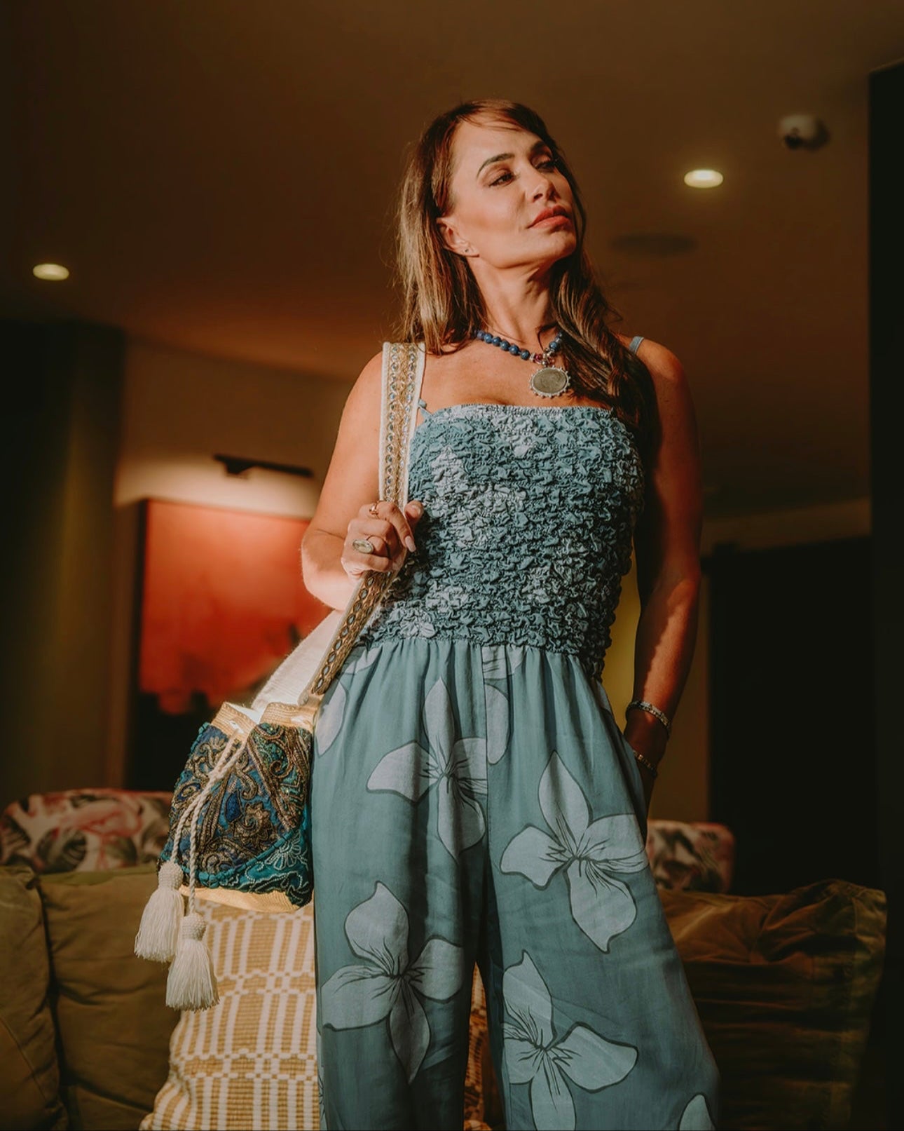 Denim Blue Floral Smocked Jumpsuit