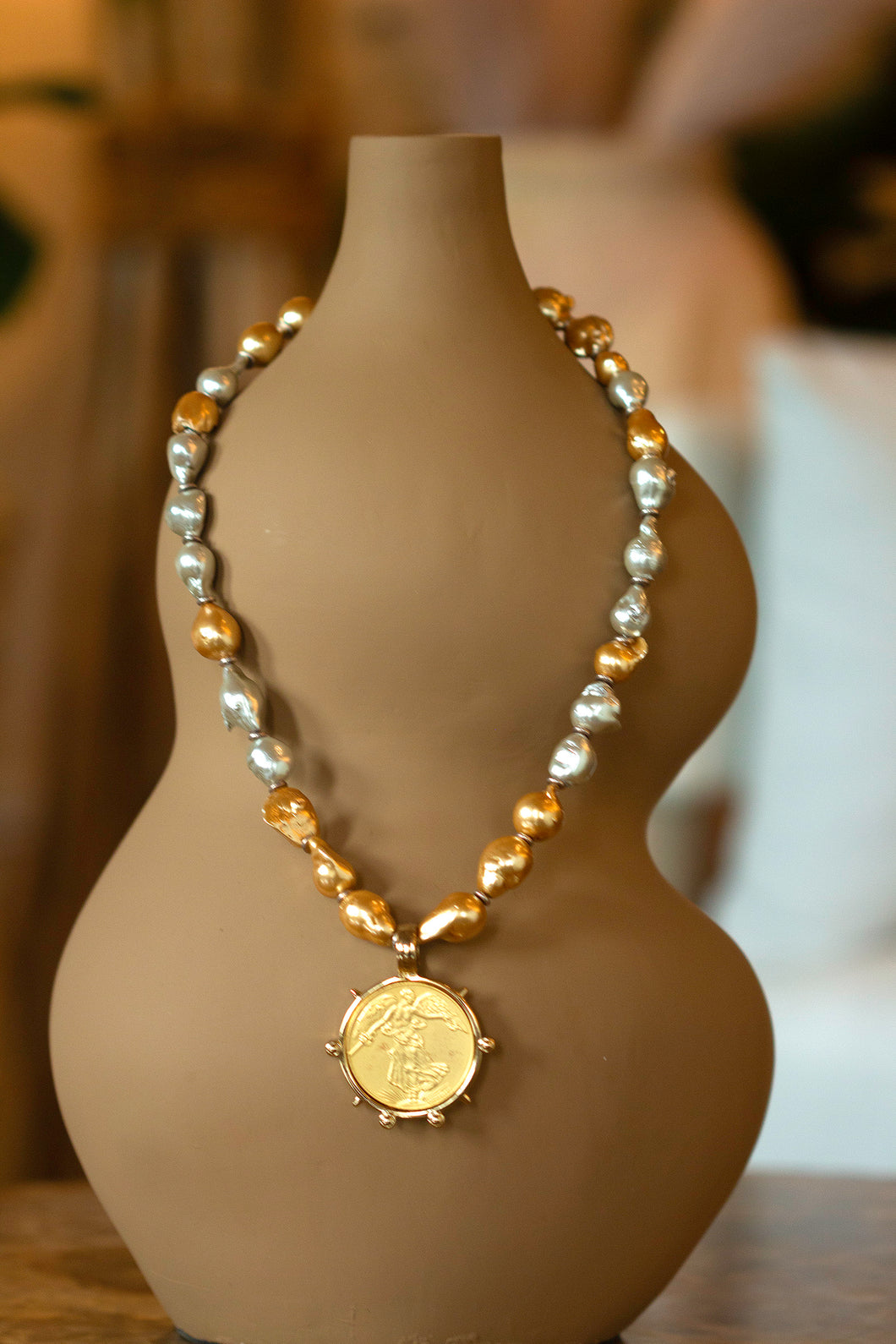 COIN NECKLACE w/GOLD/SILVER BAROQUE PEARLS