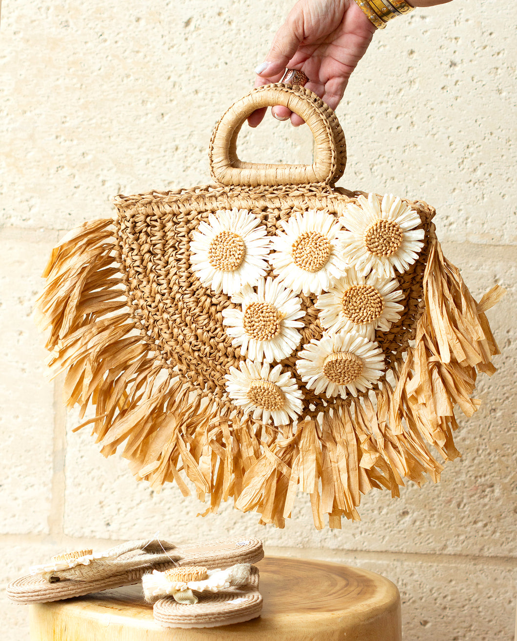 Khaki Raffia Flower Bag