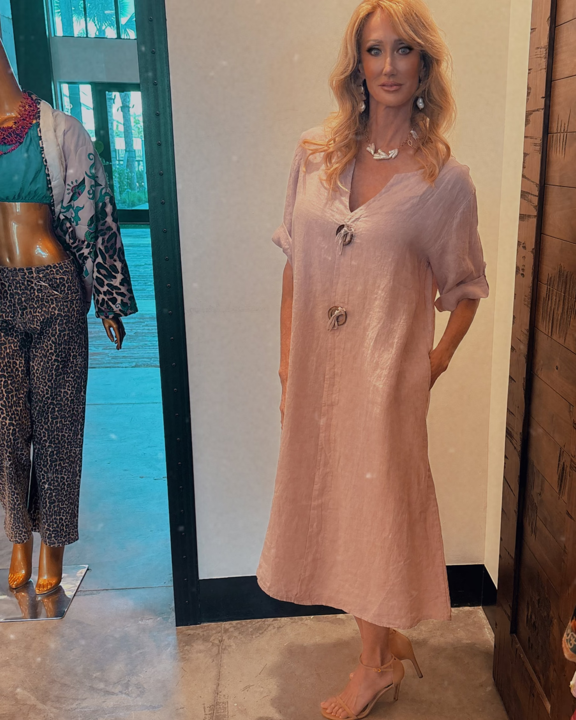 Relaxed Fit Linen Dress with Button Sleeves