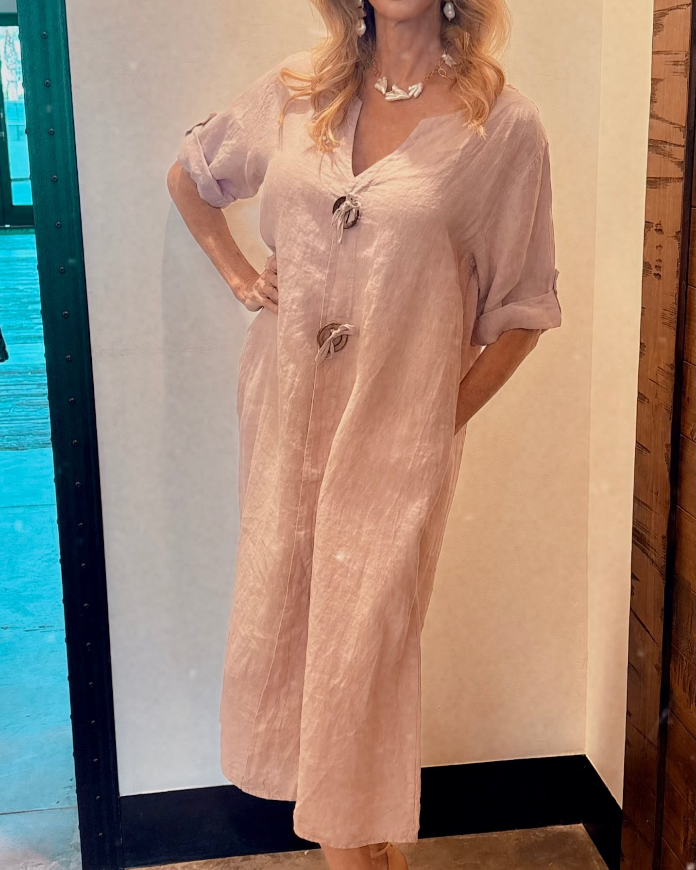 Relaxed Fit Linen Dress with Button Sleeves