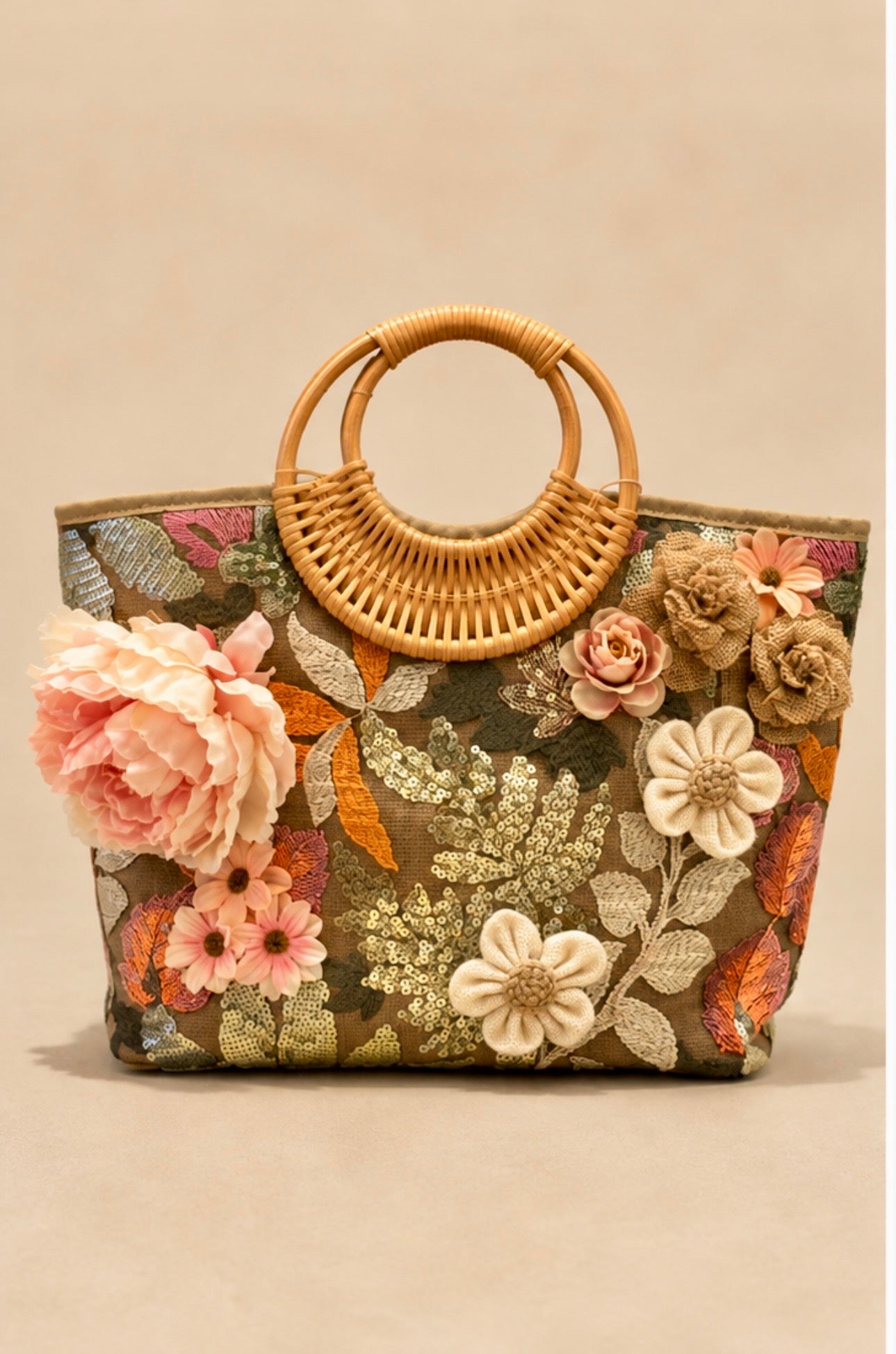 Garden Bloom Sequin Tote with Rattan Handles