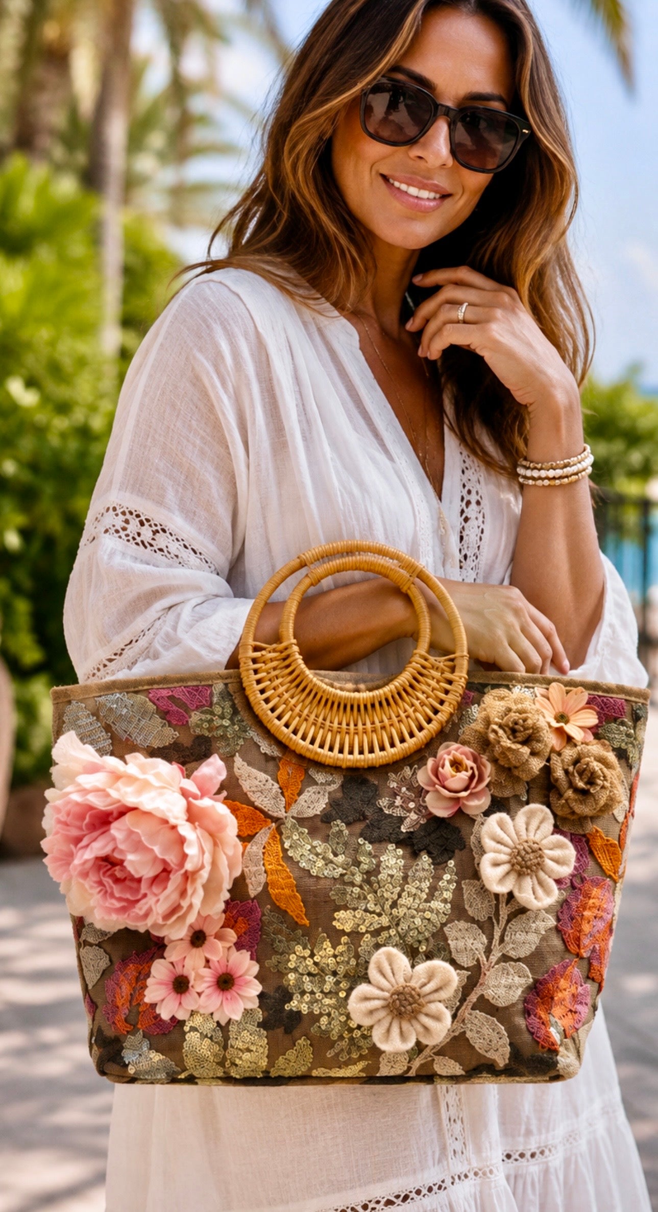 Garden Bloom Sequin Tote with Rattan Handles