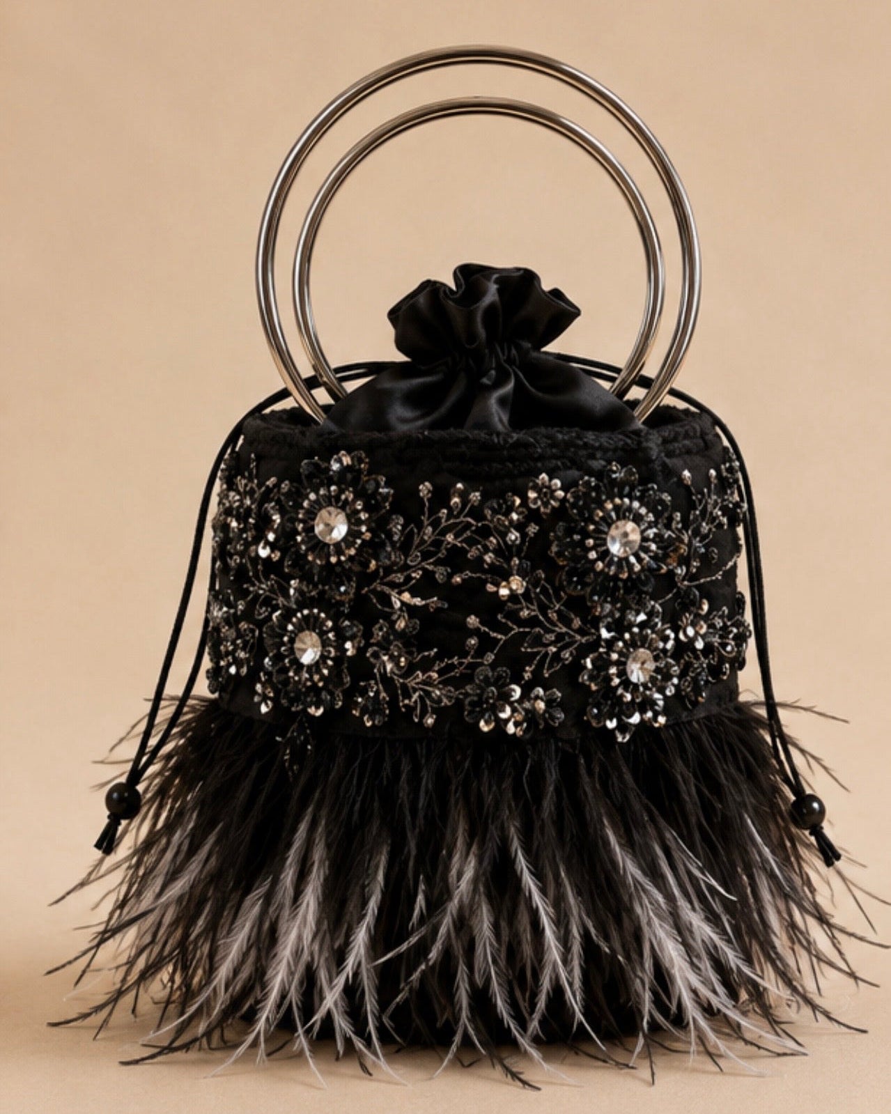 Black Beaded Feather Mini Bag