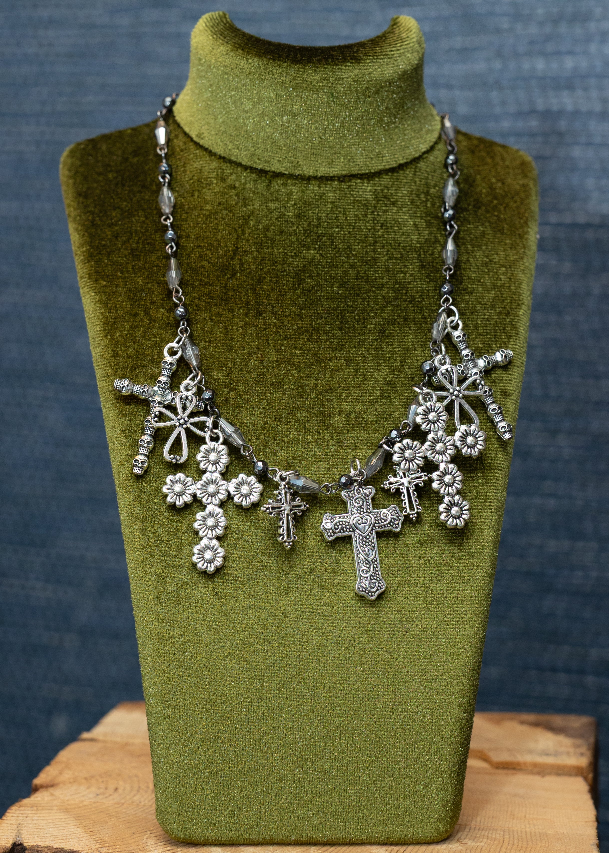 Silver Cross & Floral Charm Necklace