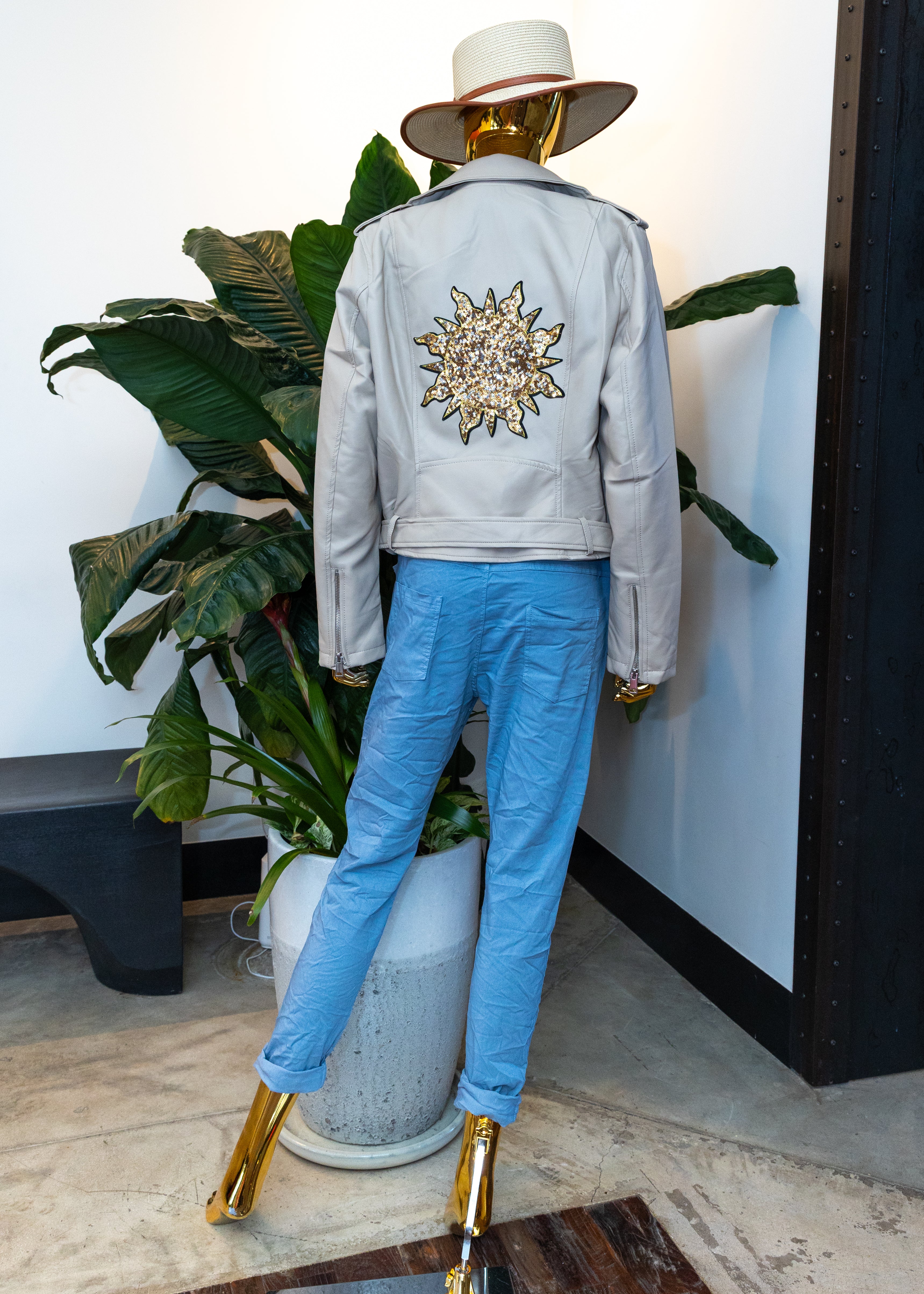 Sequin Sunburst Leather Moto Jacket