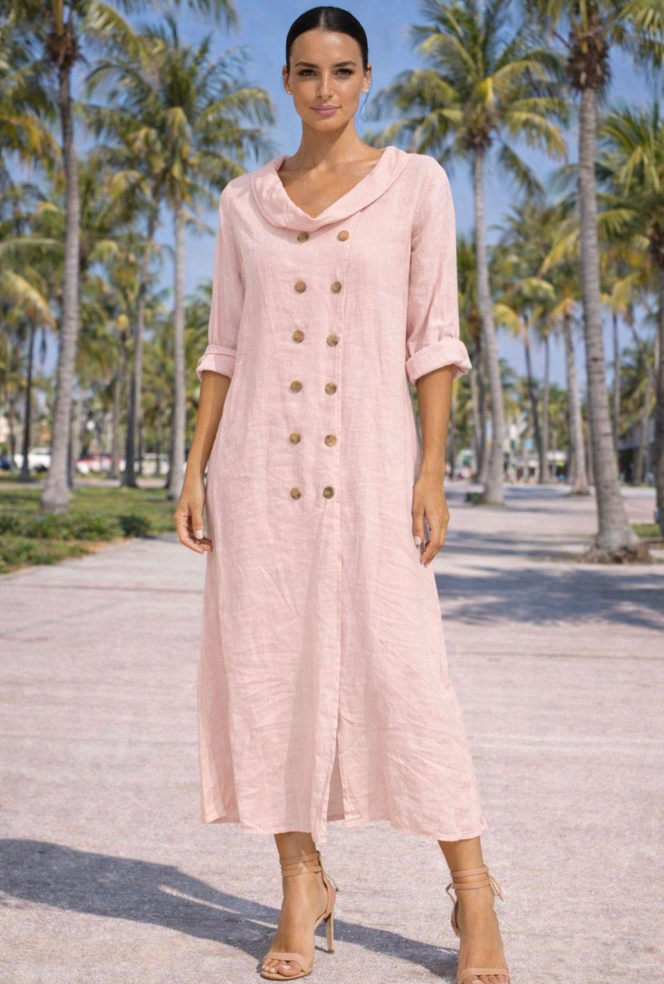 Linen Double-Breasted Midi Dress