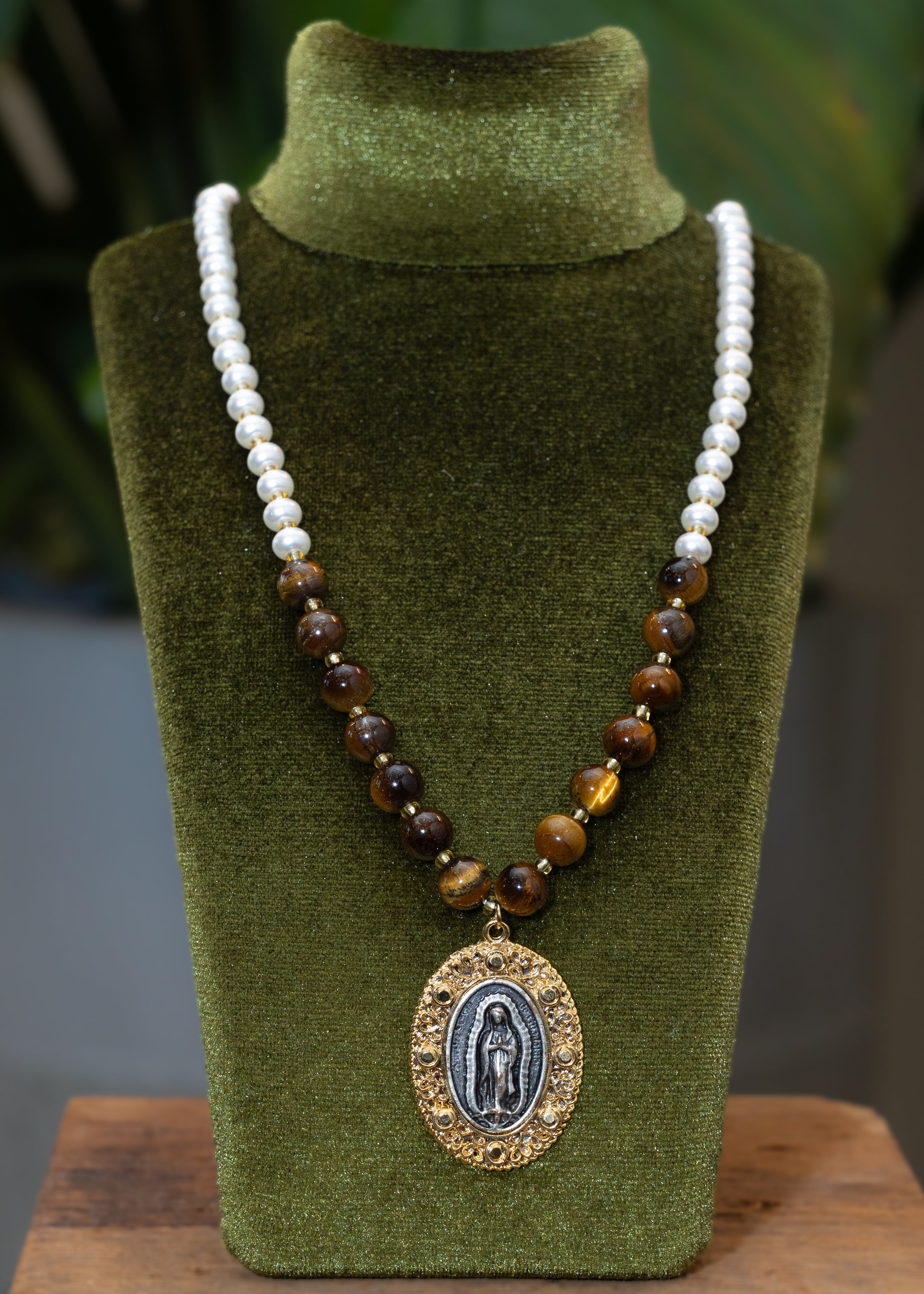 Pearl & Tiger’s Eye Guadalupe Medallion Necklace