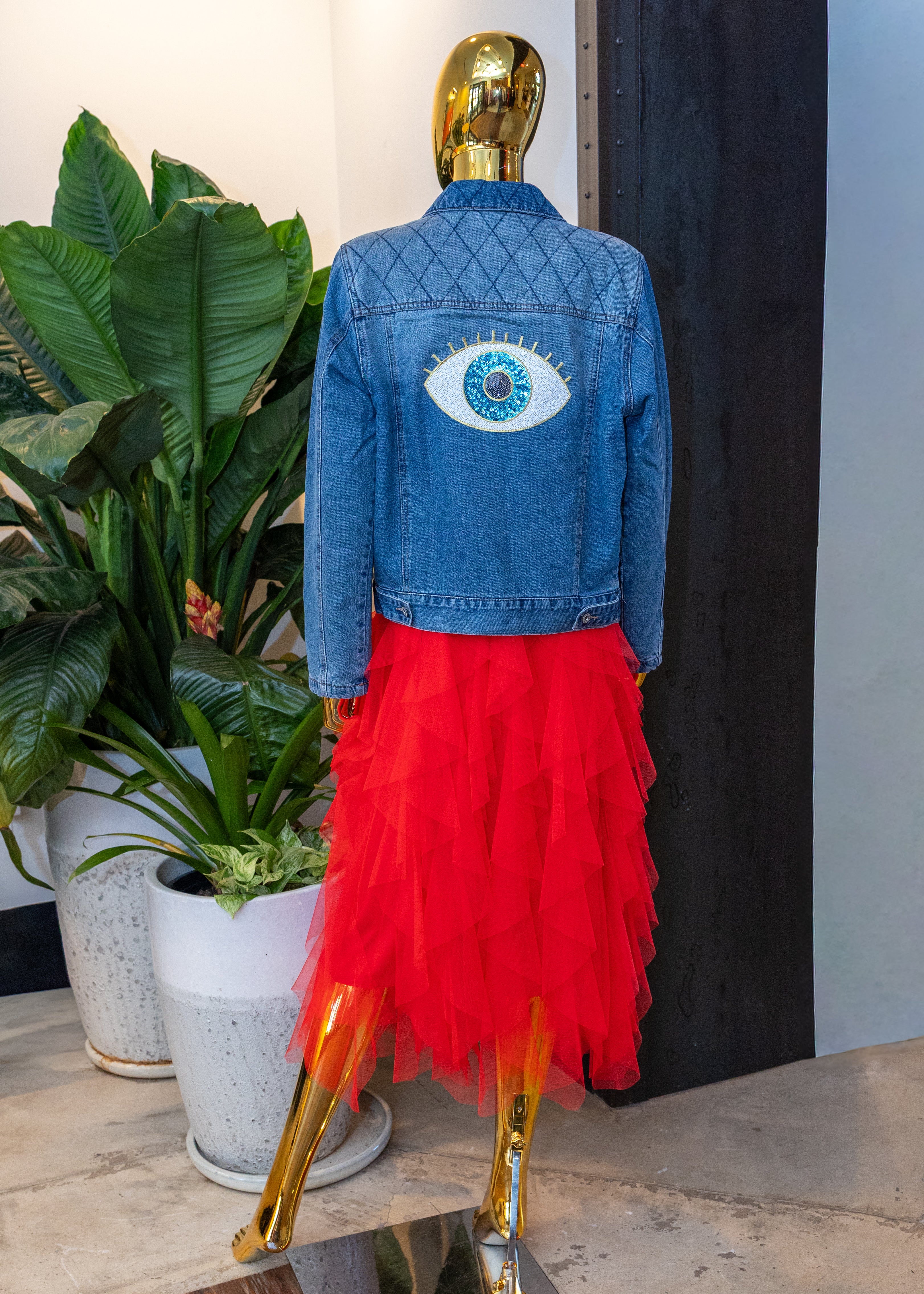 Evil Eye Embellished Quilted Denim Jacket