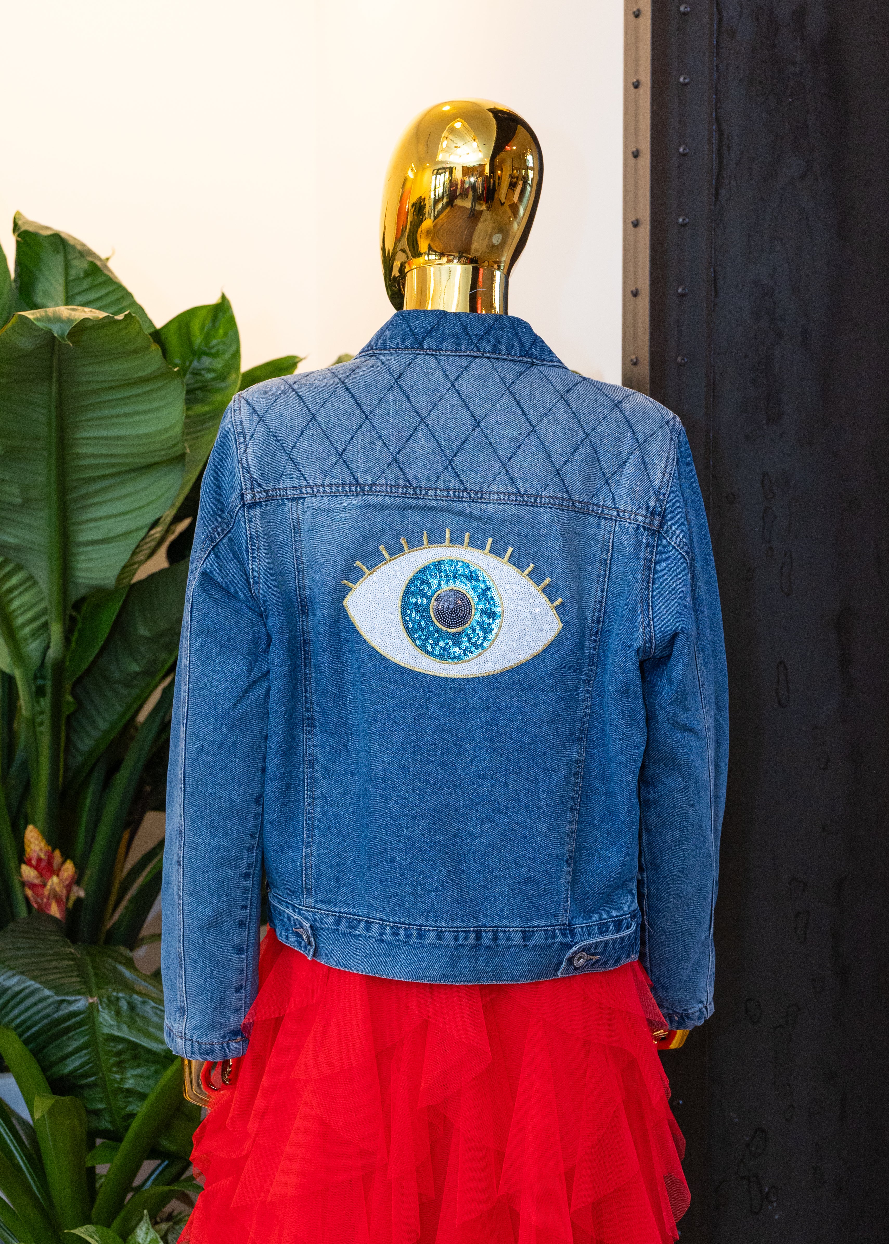 Evil Eye Embellished Quilted Denim Jacket