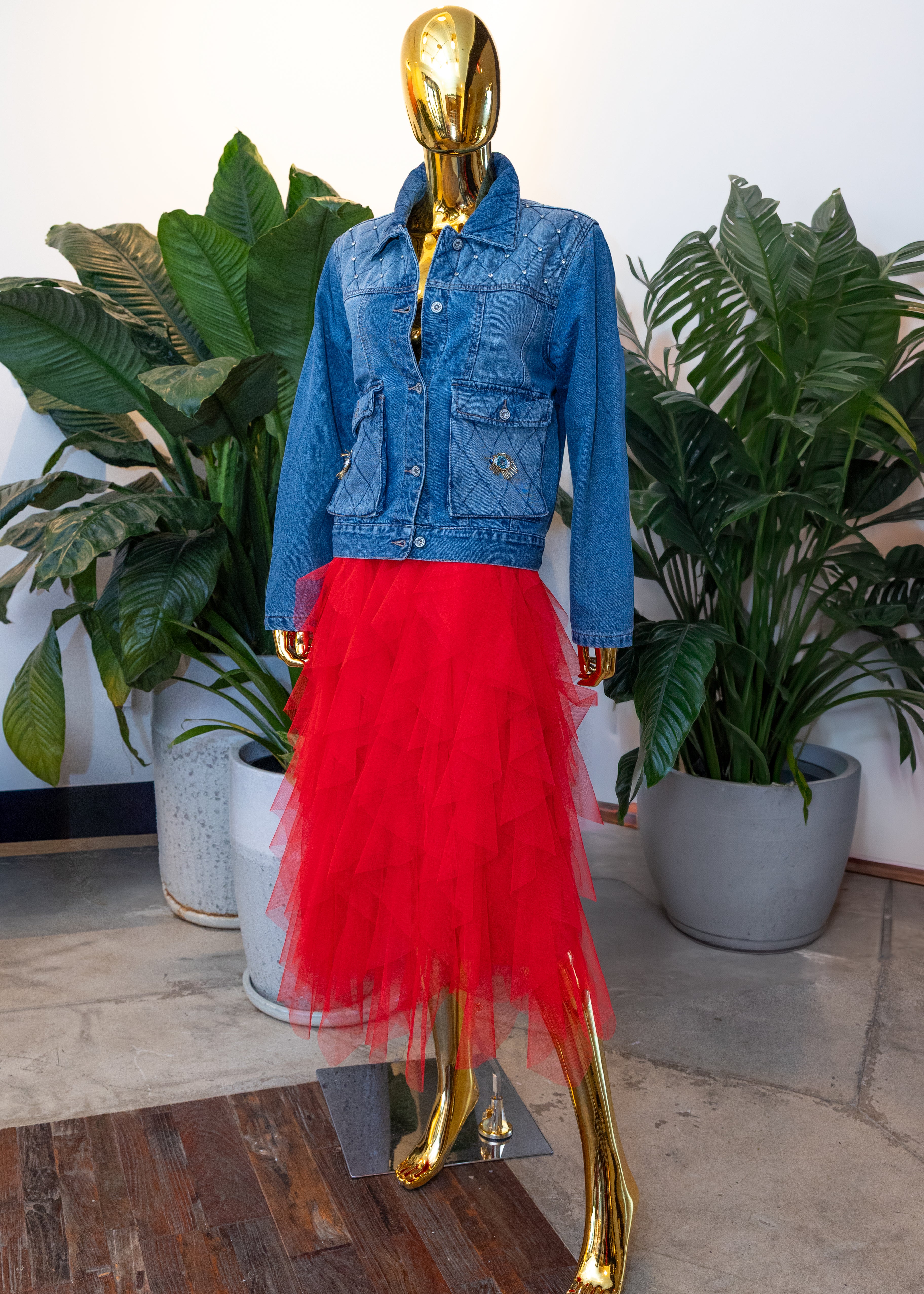 Evil Eye Embellished Quilted Denim Jacket