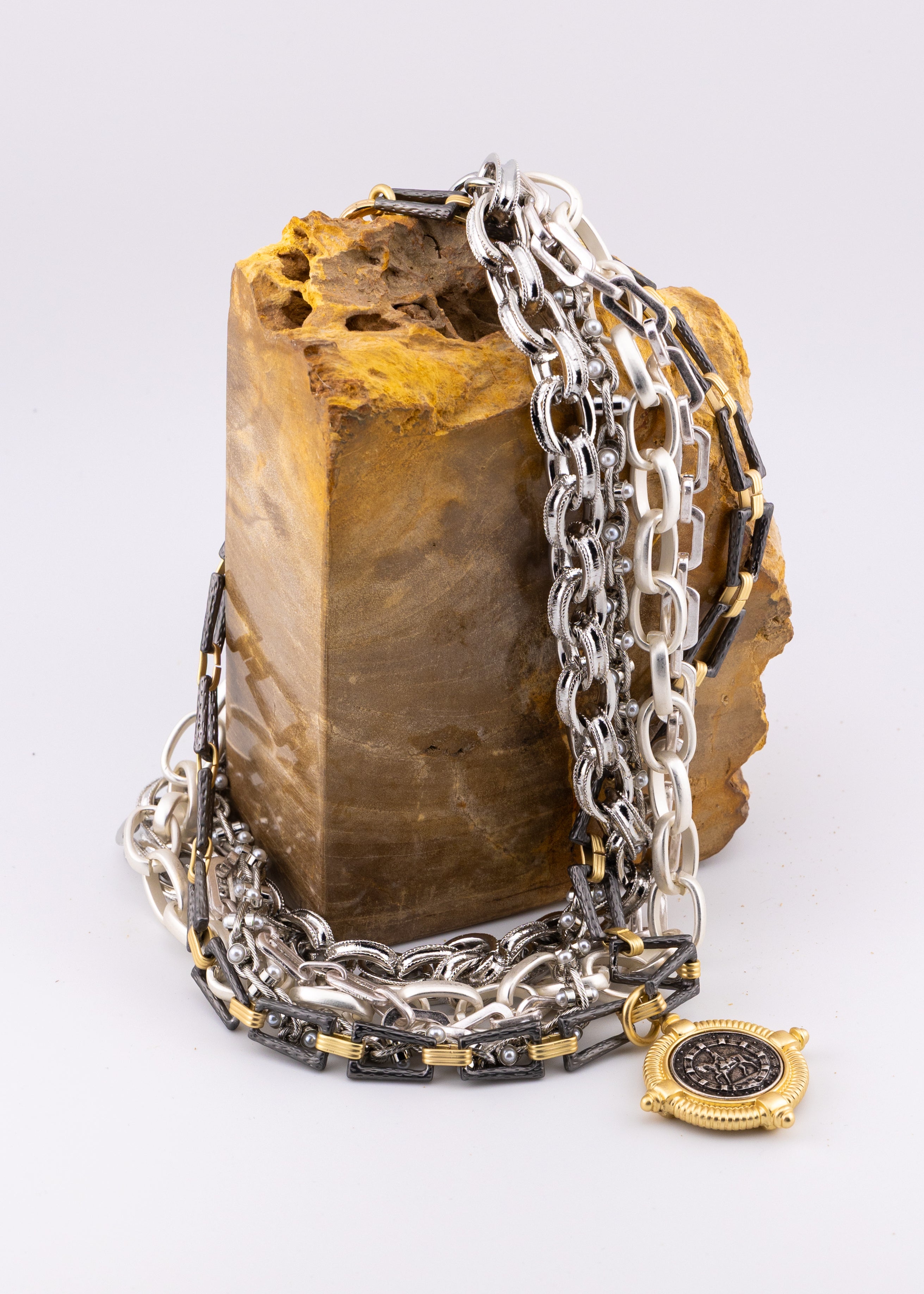 Mixed Metal Statement Coin Chain Necklace