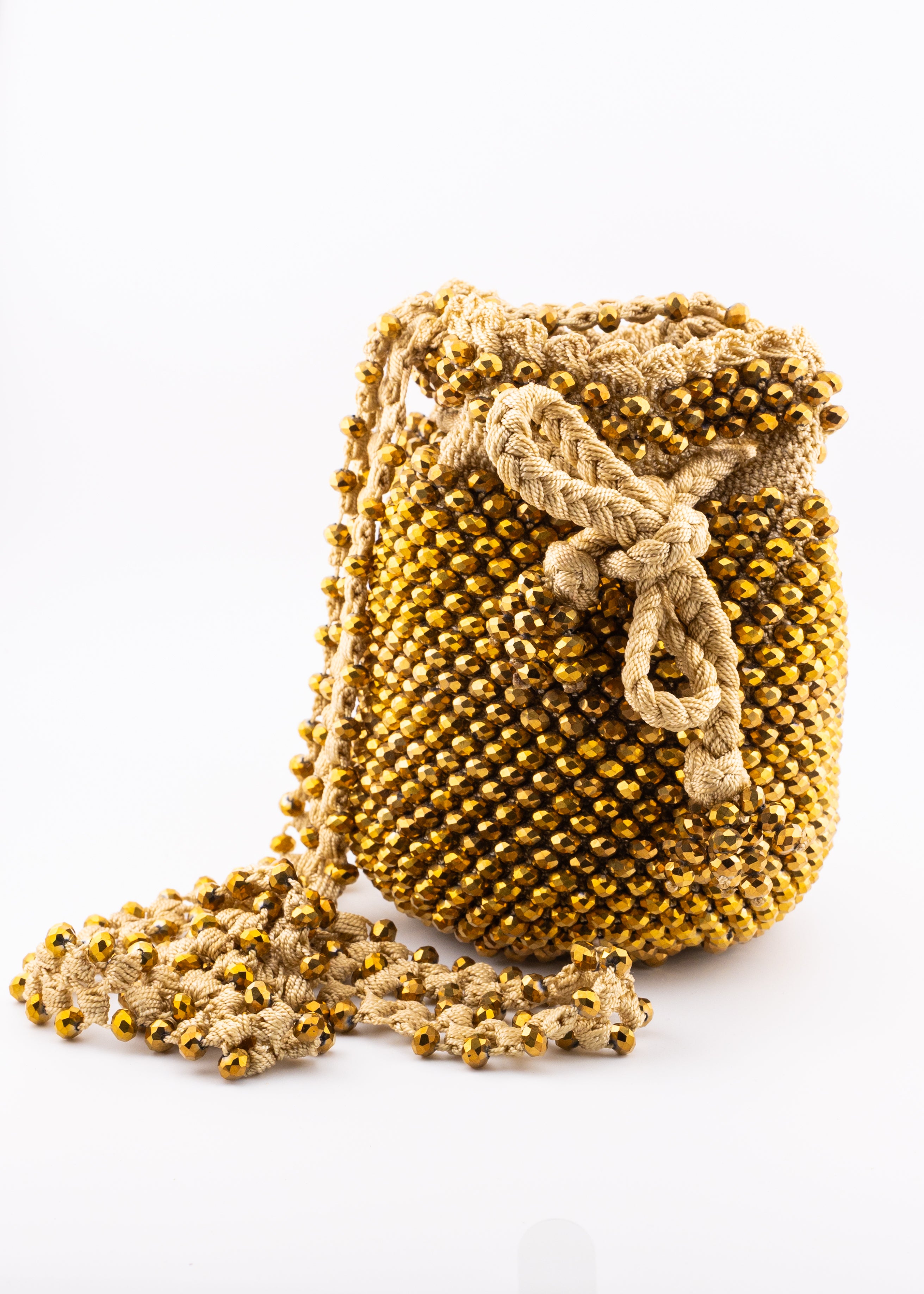 Gold Beaded Crochet Bucket Bag