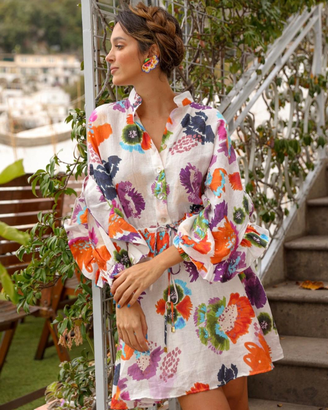 Print Linen Shirt Dress