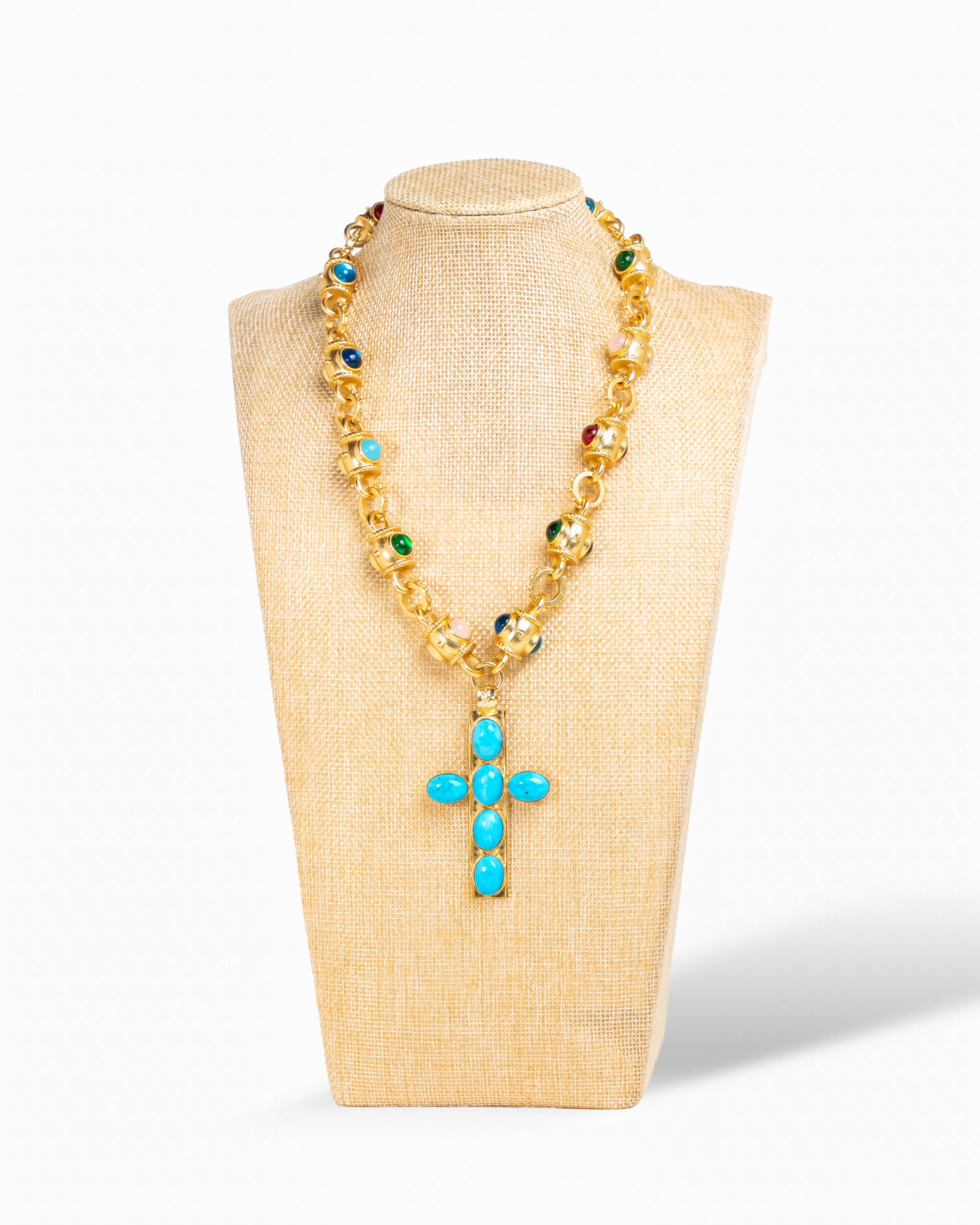 Turquoise Cross & Gemstone Bead Necklace